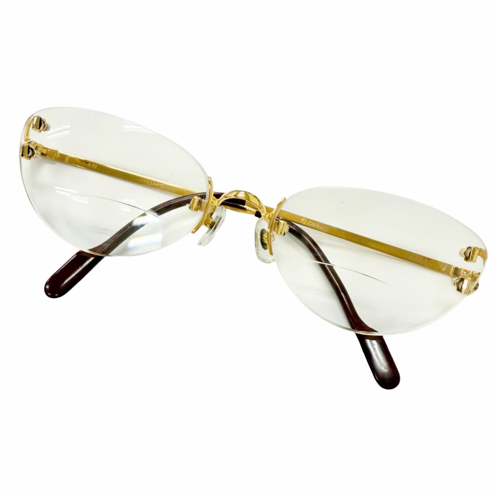 美品□Cartier カルティエ 2Cデコール ツーポイント リムレス メガネ 眼鏡 アイウェア ゴールド ボルドー □18 度入り フランス製 メンズ