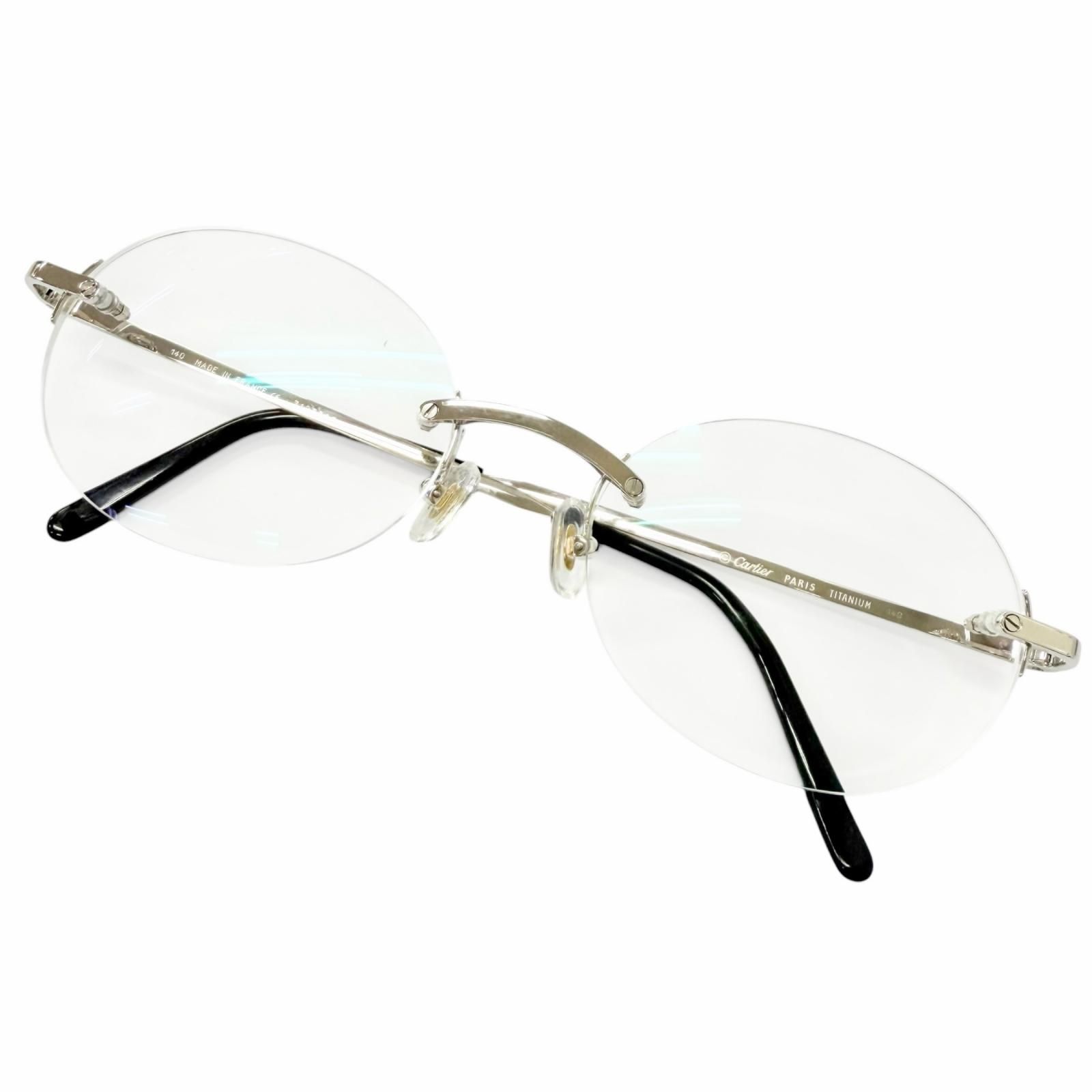 美品□Cartier カルティエ サントス ドゥ カルティエ リムレス オーバル メガネ 眼鏡 アイウェア シルバー ブラック □20 度入り フランス製 メンズ