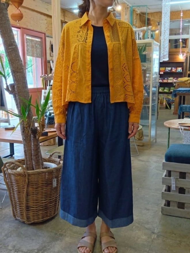 デニムワイドパンツ インディゴブルー 綿100% レディース ゆったり 体型カバー ナチュラル カジュアル 春夏秋