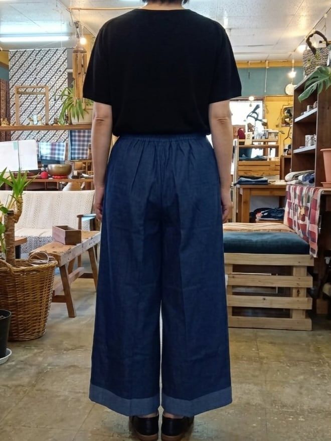 デニムワイドパンツ インディゴブルー 綿100% レディース ゆったり 体型カバー ナチュラル カジュアル 春夏秋