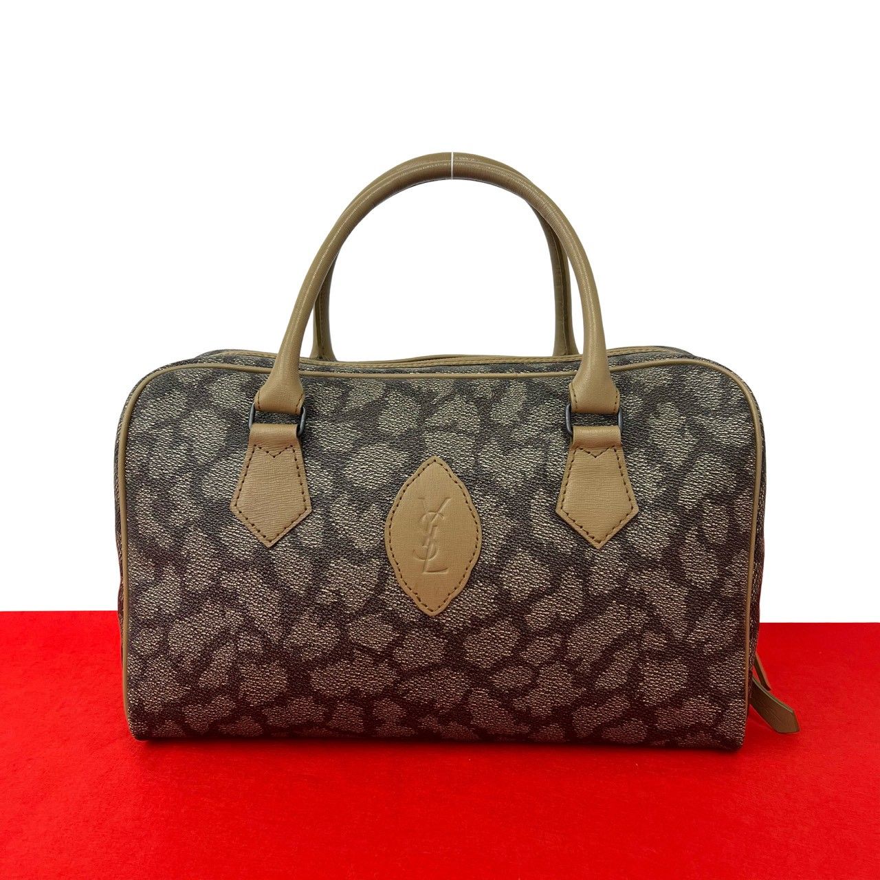 極 美品 YVES SAINT LAURENT イヴサンローラン YSL ロゴ ジラフ 柄 レザー ハンドバッグ ボストンバッグ ベージュ ブラウン 58517