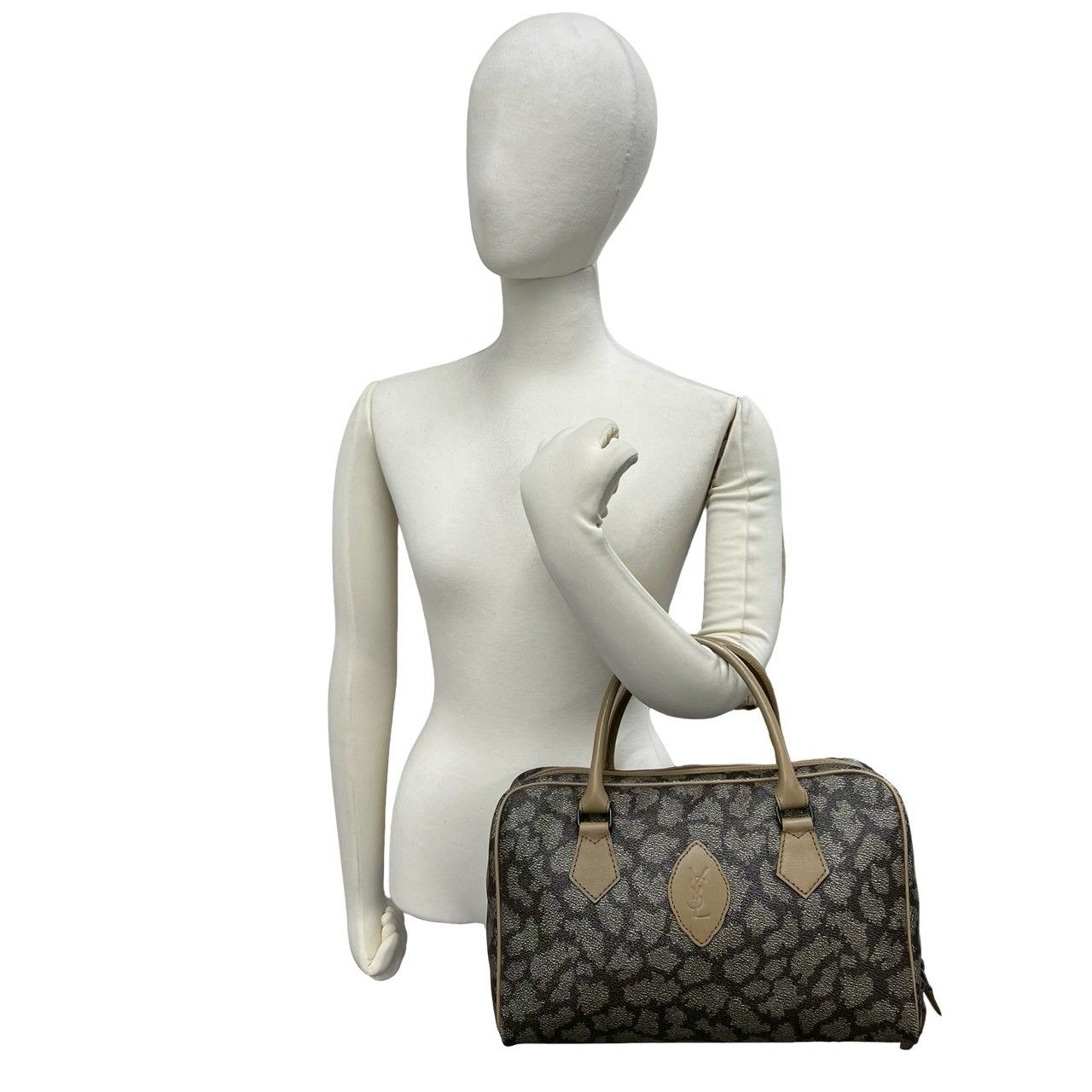 極 美品 YVES SAINT LAURENT イヴサンローラン YSL ロゴ ジラフ 柄 レザー ハンドバッグ ボストンバッグ ベージュ ブラウン 58517