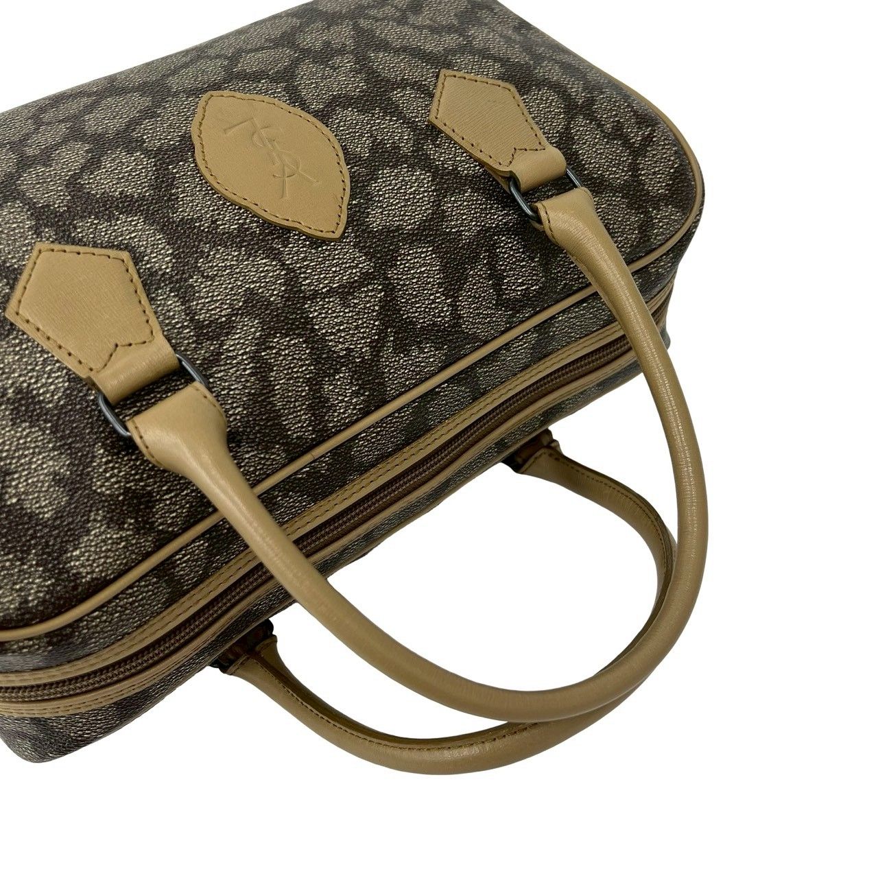 極 美品 YVES SAINT LAURENT イヴサンローラン YSL ロゴ ジラフ 柄 レザー ハンドバッグ ボストンバッグ ベージュ ブラウン 58517