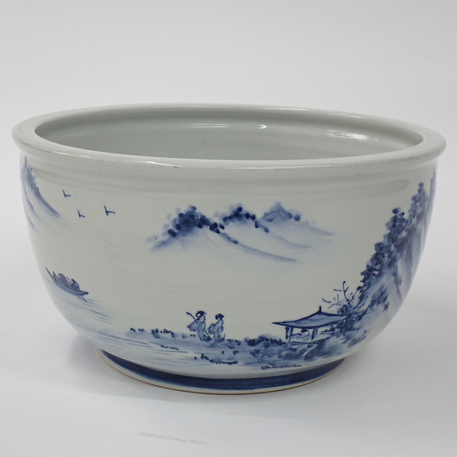 火鉢 金魚鉢 メダカ鉢 山水図 風景 染付 丸型 在銘 直径約36.5×高さ約