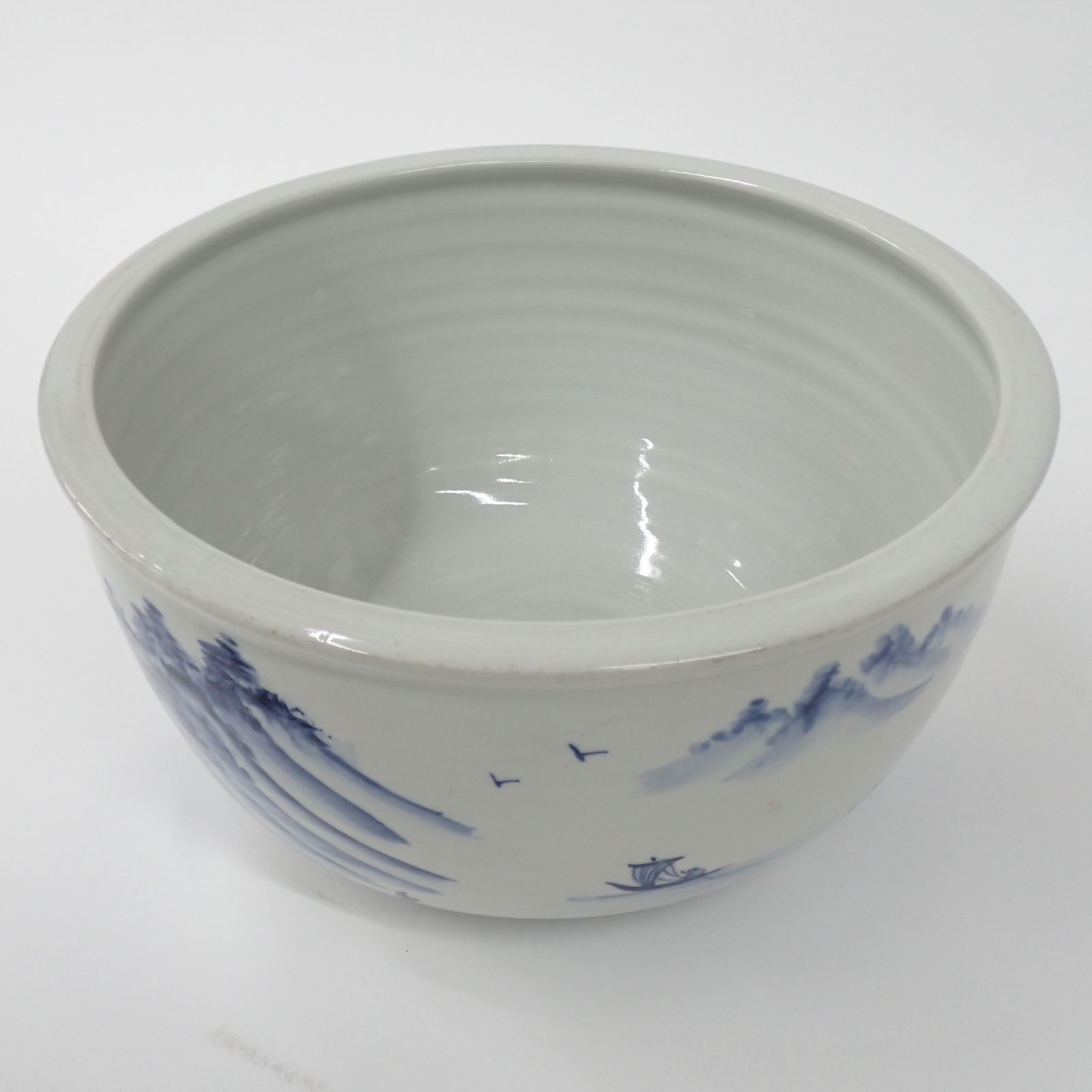 火鉢 金魚鉢 メダカ鉢 山水図 風景 染付 丸型 在銘 直径約36.5×高さ約
