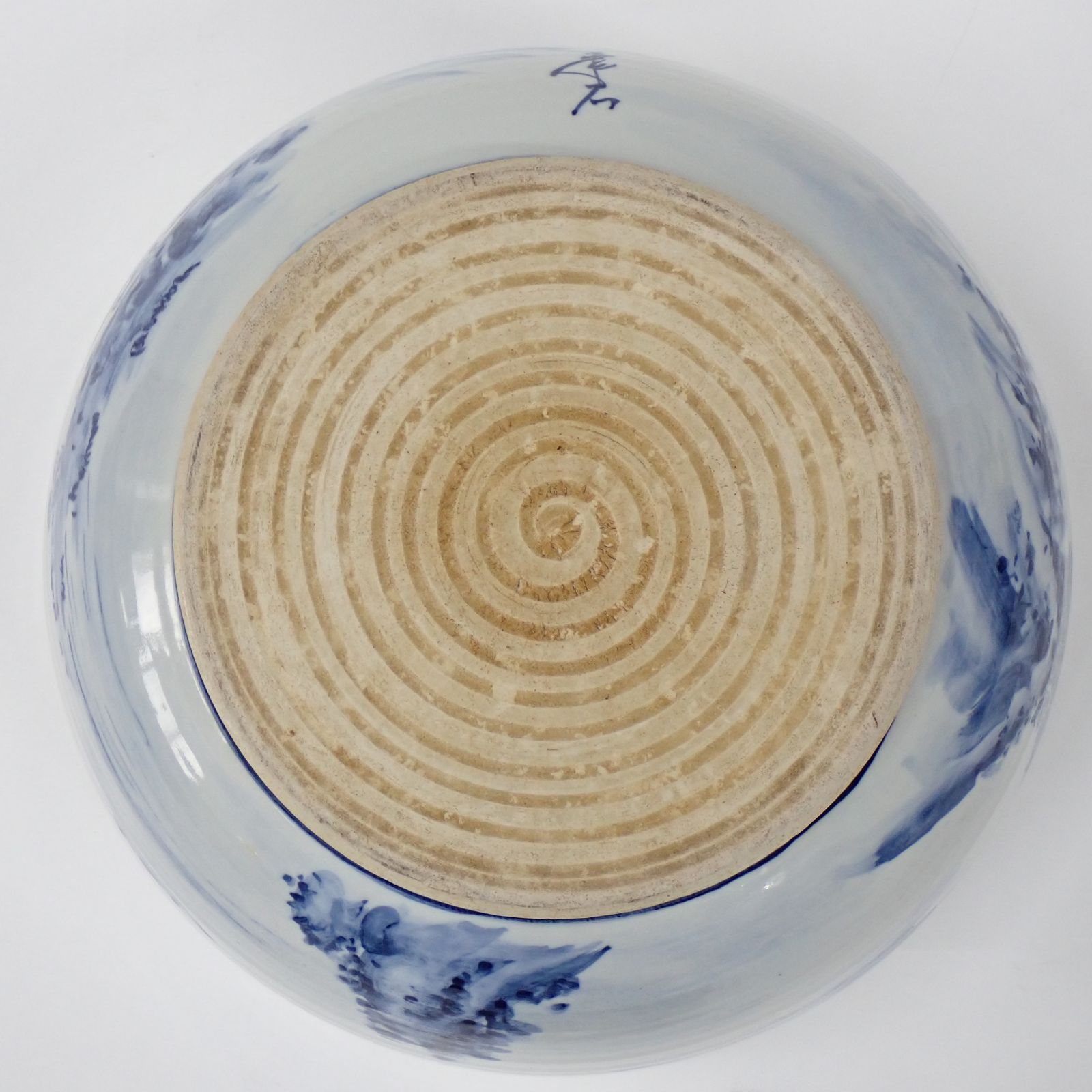 火鉢 金魚鉢 メダカ鉢 山水図 風景 染付 丸型 在銘 直径約36.5×高さ約