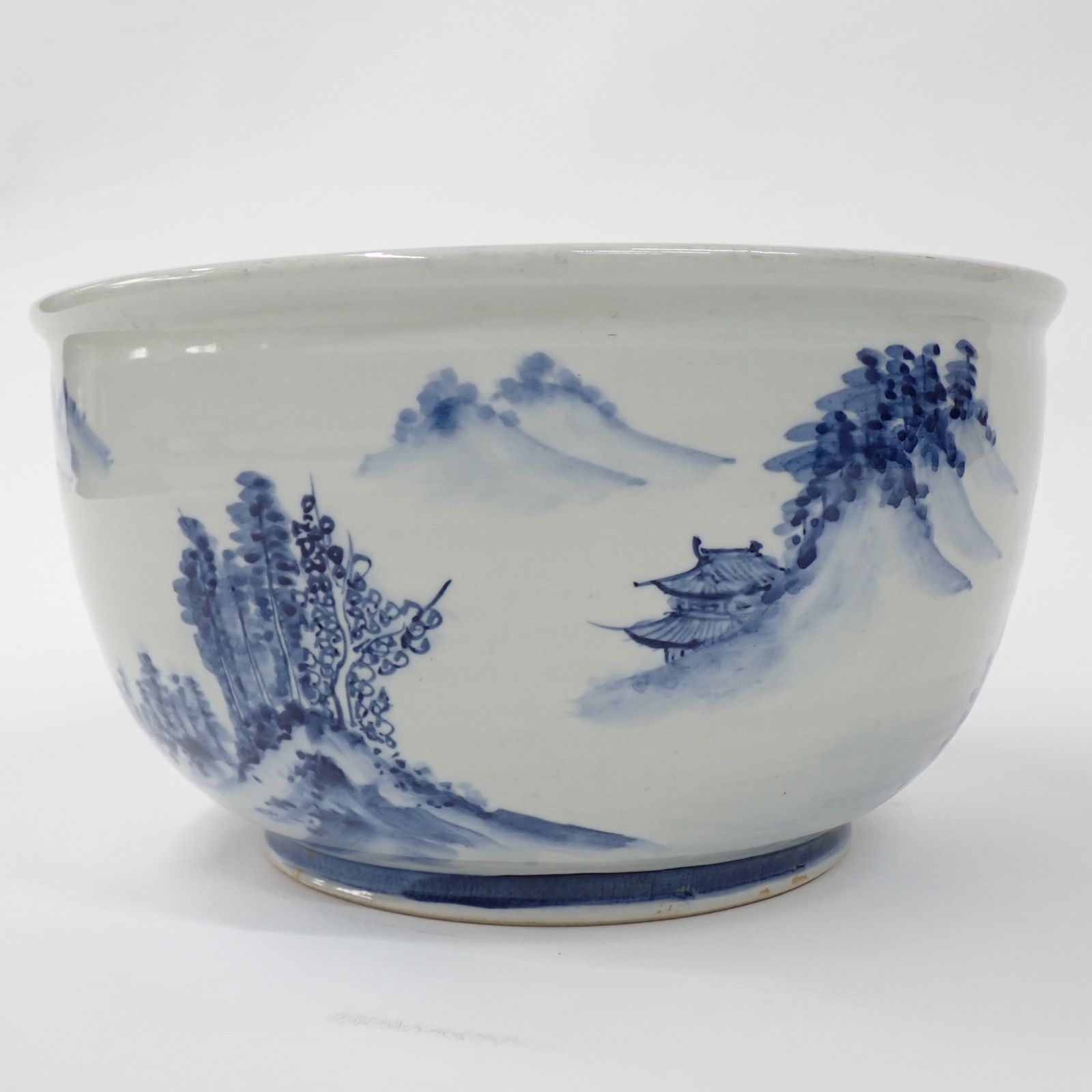 火鉢 金魚鉢 メダカ鉢 山水図 風景 染付 丸型 在銘 直径約36.5×高さ約