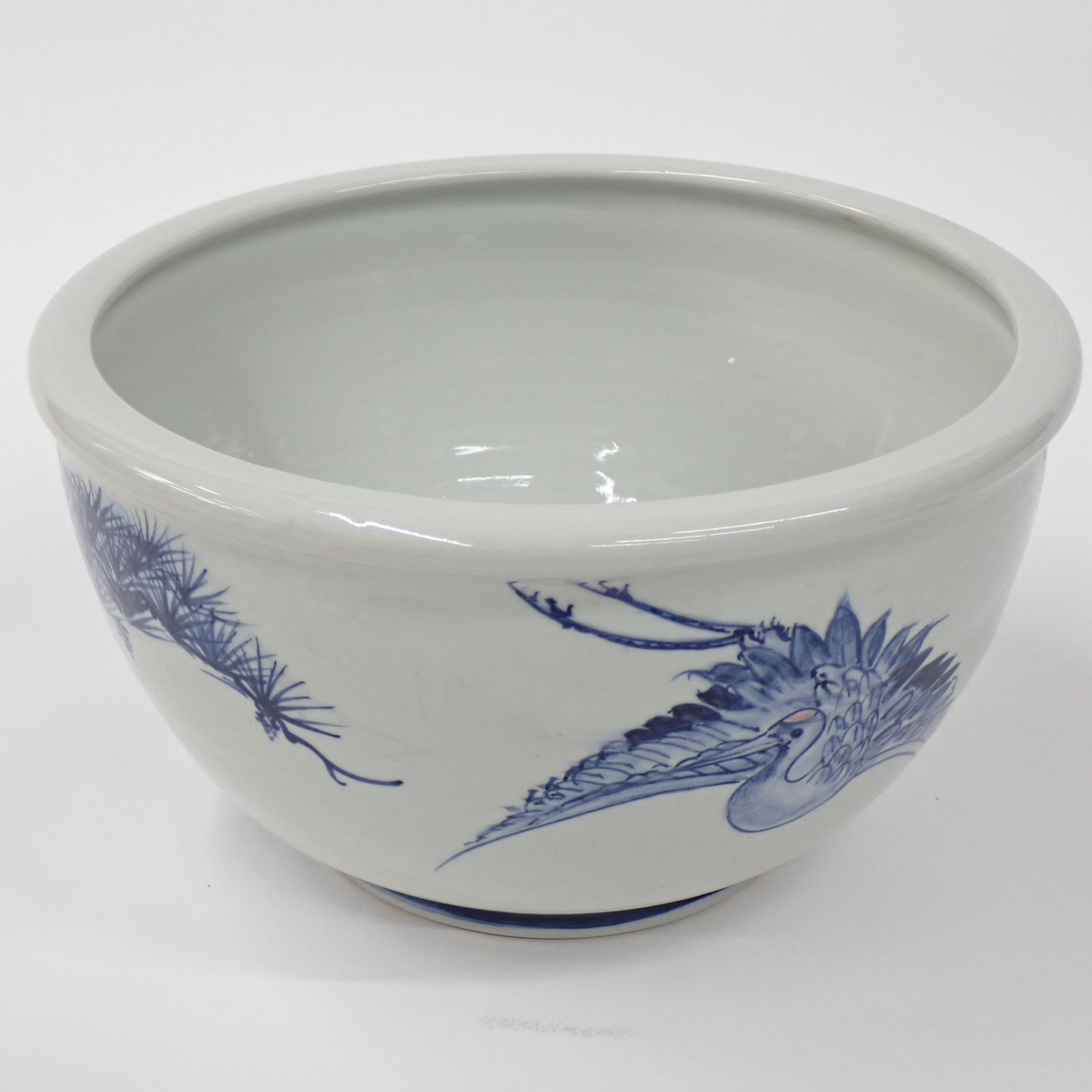 染付唐獅子牡丹花鳥図火鉢(直径約40.5cm) 火鉢　　メダカ鉢　金魚鉢 火鉢 金魚鉢 メダカ鉢 松鶴 染付 丸型 直径約35×高さ約19.5cm 陶器