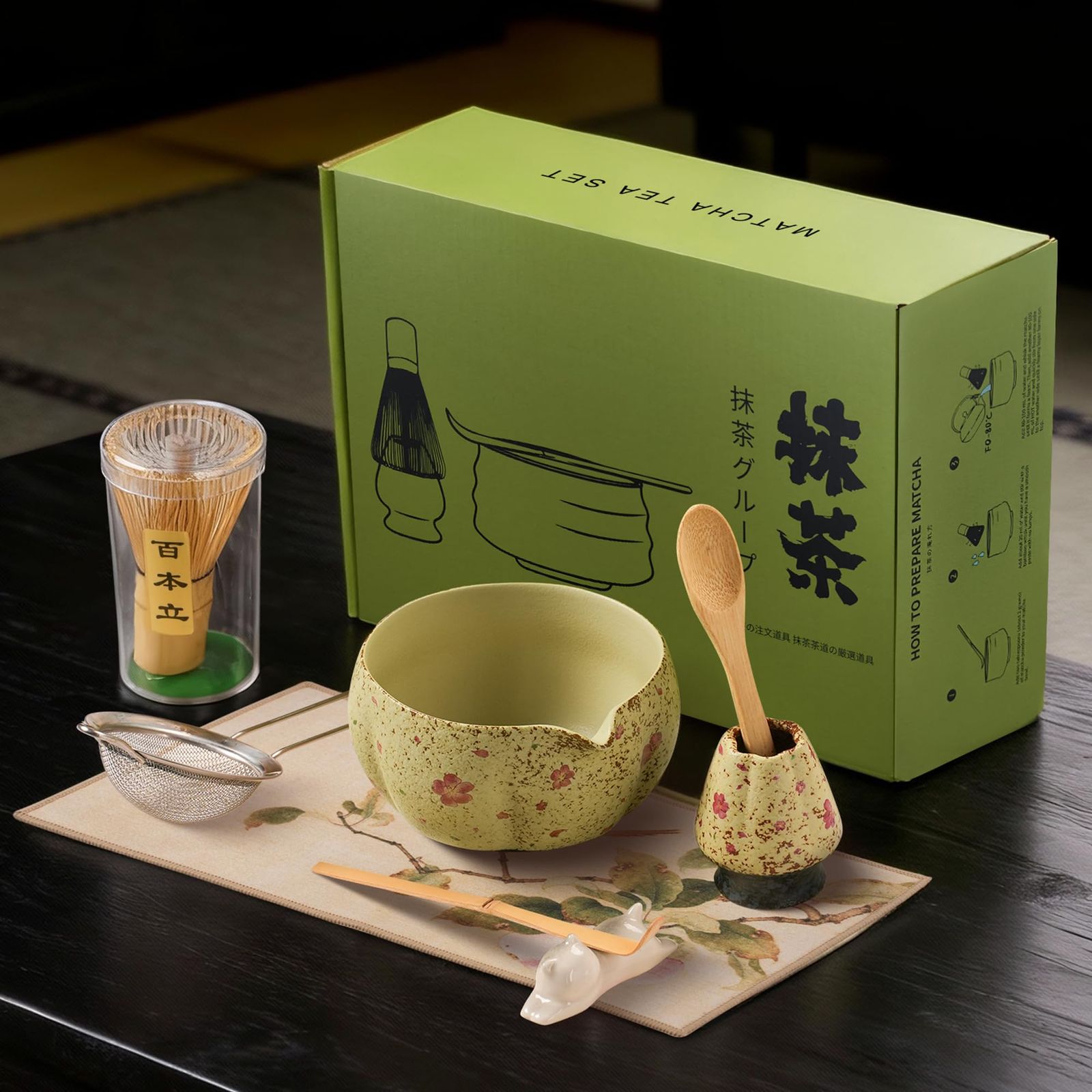 R◆抹茶セット 茶道セット 8点 桜模様 茶碗 茶筅 茶杓 粉篩 茶器 付き 初心者 ギフトボックス 贈り物 に c614d225