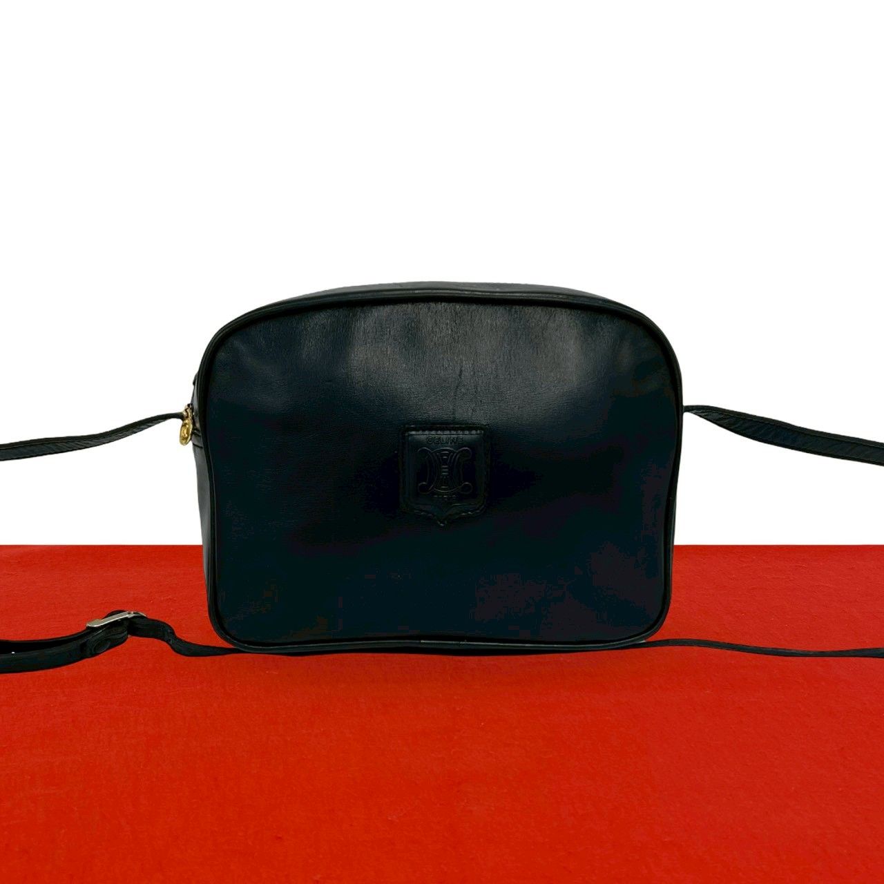極 美品 CELINE セリーヌ ヴィンテージ トリオンフ ロゴ レザー 本革 ショルダーバッグ ポシェット サコッシュ ブラック 黒 31153