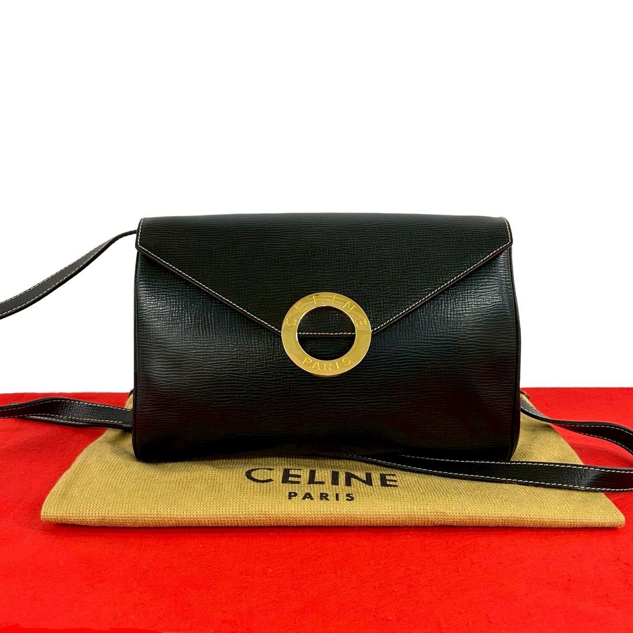 極 美品 袋付き CELINE セリーヌ ヴィンテージ サークルロゴ 金具 レザー 本革 ショルダーバッグ ポシェット サコッシュ ブラック 黒 74001