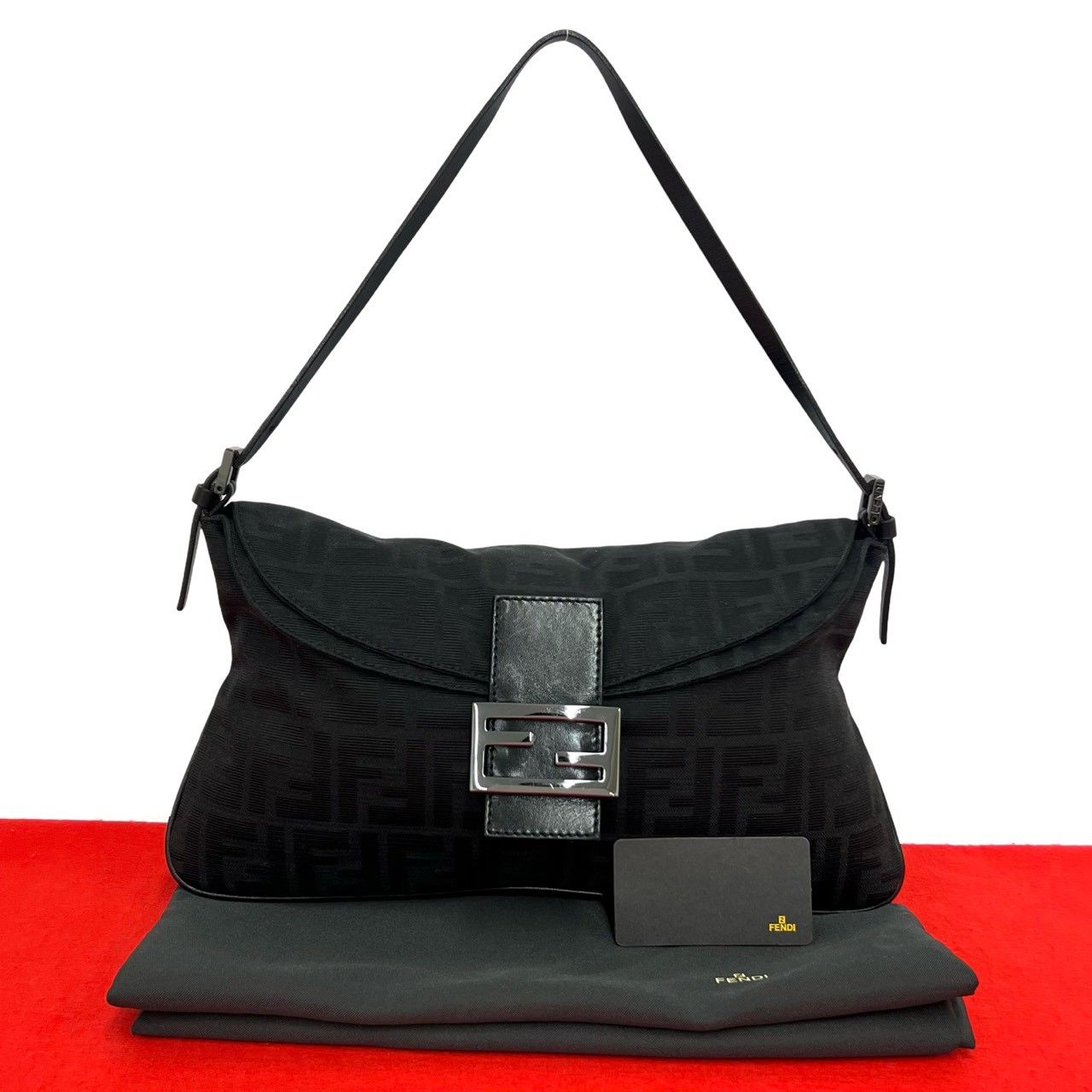 極 美品 袋付き FENDI フェンディ FF ズッカ 柄 キャンバス レザー 本革 セミ ワン ショルダーバッグ ハンドバッグ ブラック 83750