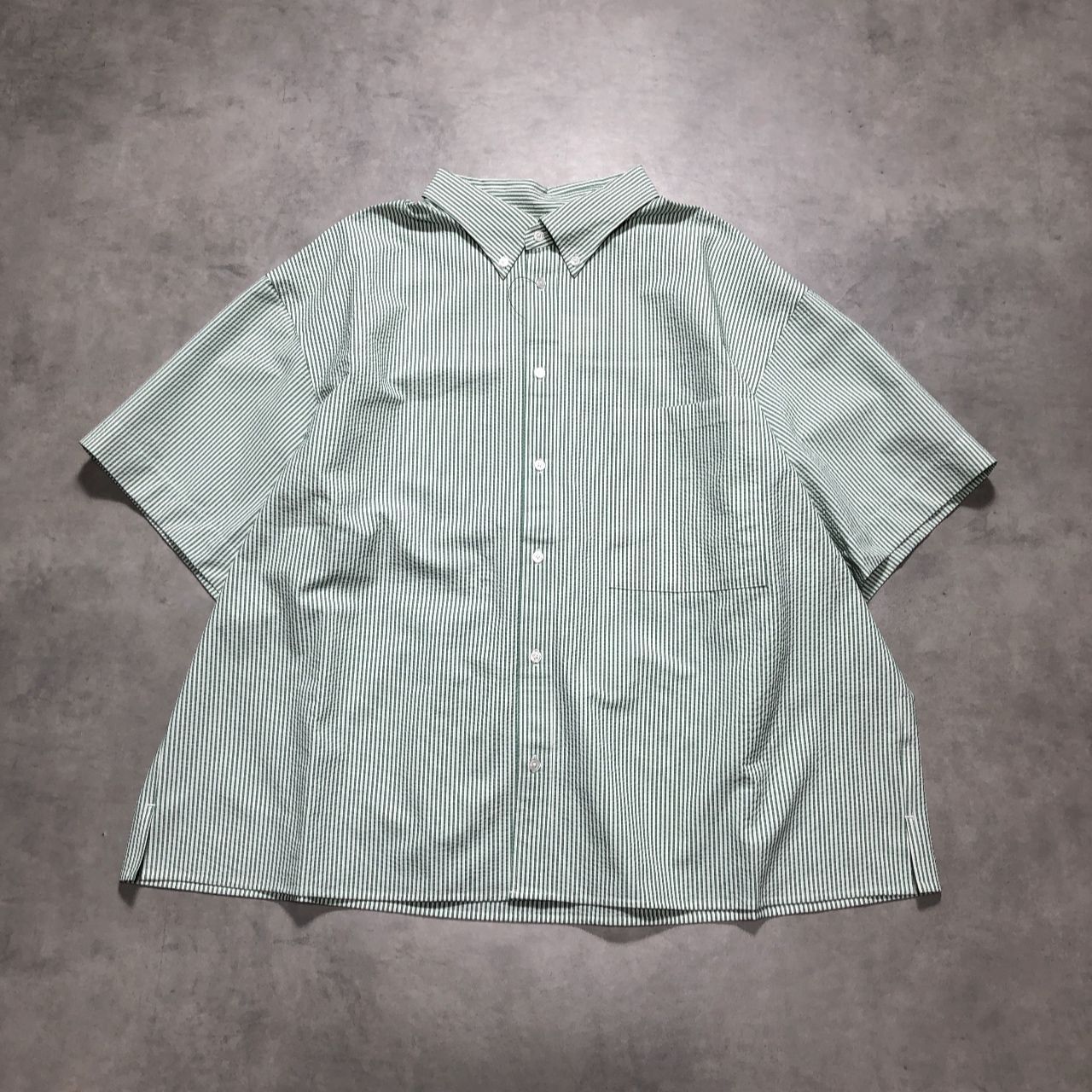 GQ5807◇CARORIE : SEER SUCKER S/S SHIRT CR2405T2◇L◇緑系 カロリイ 半袖 シアサッカー ストライプ シャツ 定価¥28.600-