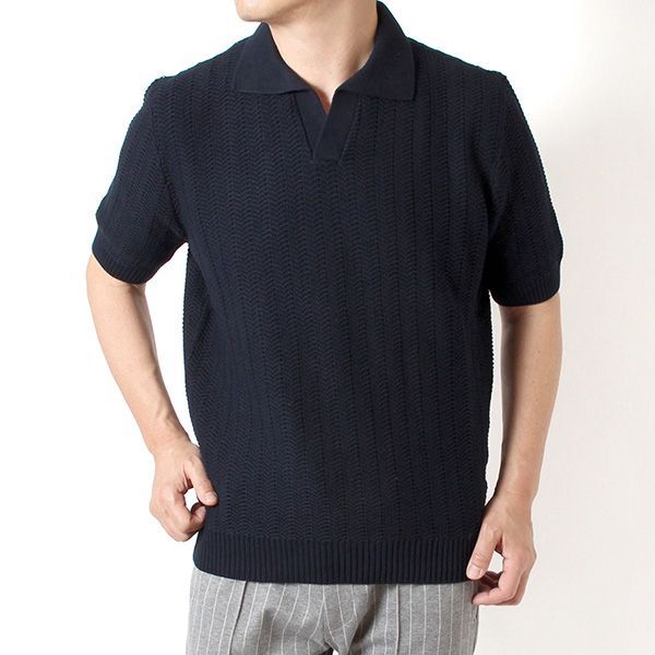 26SSモデル グランサッソ GRAN SASSO オーガニックコットン スキッパーニットポロシャツ【598 NAVY】 23139 18068 598 NAVY/【2026SS】m-tops