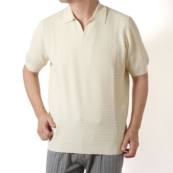 26SSモデル グランサッソ GRAN SASSO コットン スキッパーニットポロシャツ【007 IVORY】 58186 18162 007 IVORY/【2026SS】m-tops