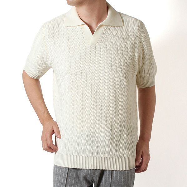 26SSモデル グランサッソ GRAN SASSO オーガニックコットン スキッパーニットポロシャツ【005 WHITE】 23139 18068 005 WHITE/【2026SS】m-tops