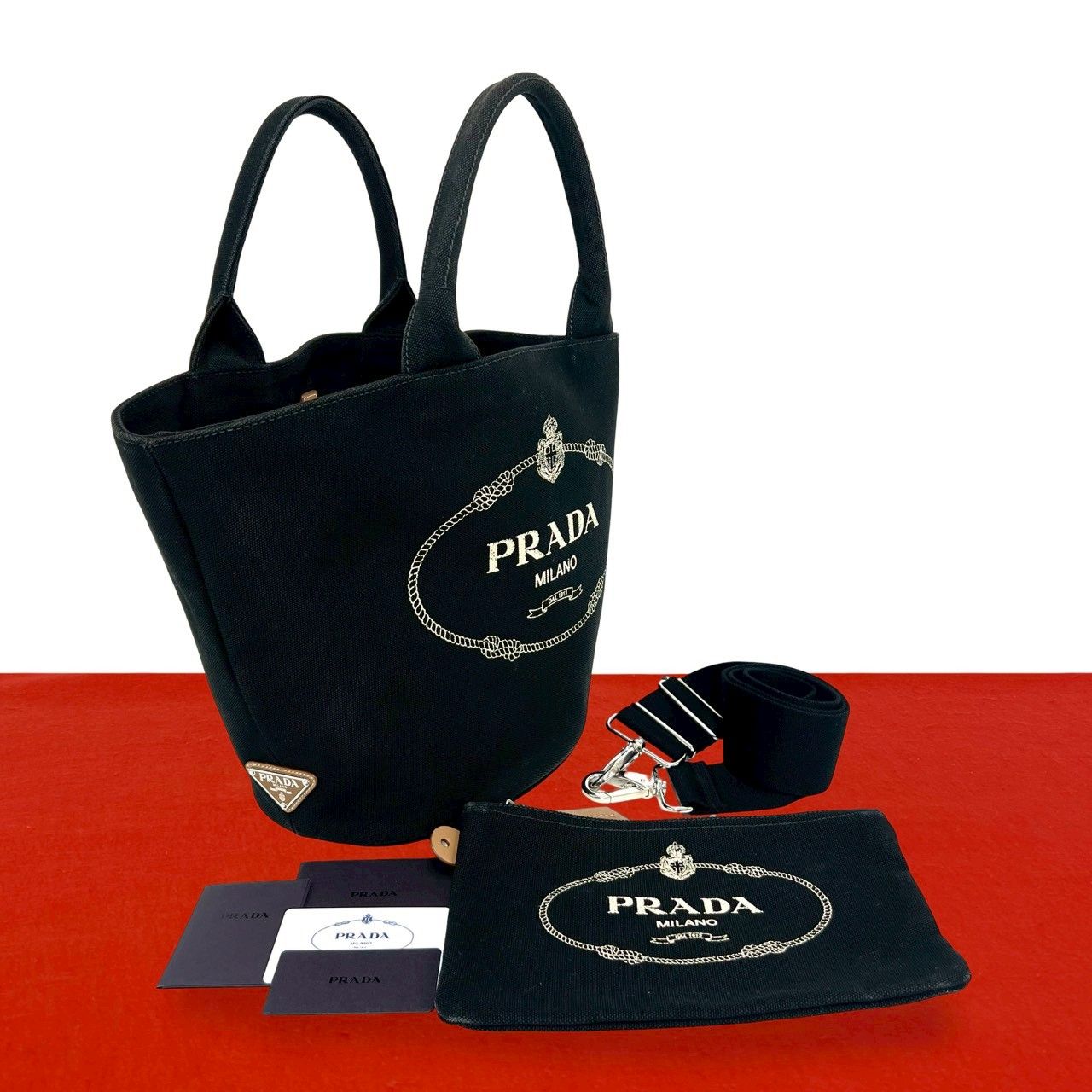 極 美品 PRADA プラダ カナパ ロゴ キャンバス 2way トートバッグ ショルダーバッグ ハンドバッグ バケツトート ブラック 黒 10923