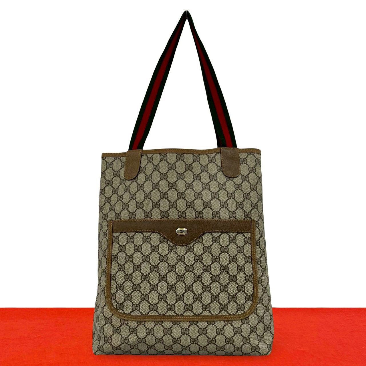 極 美品 GUCCI グッチ オールドグッチ ヴィンテージ シェリーライン GG ロゴ 金具 レザー トートバッグ ハンドバッグ ブラウン 32596