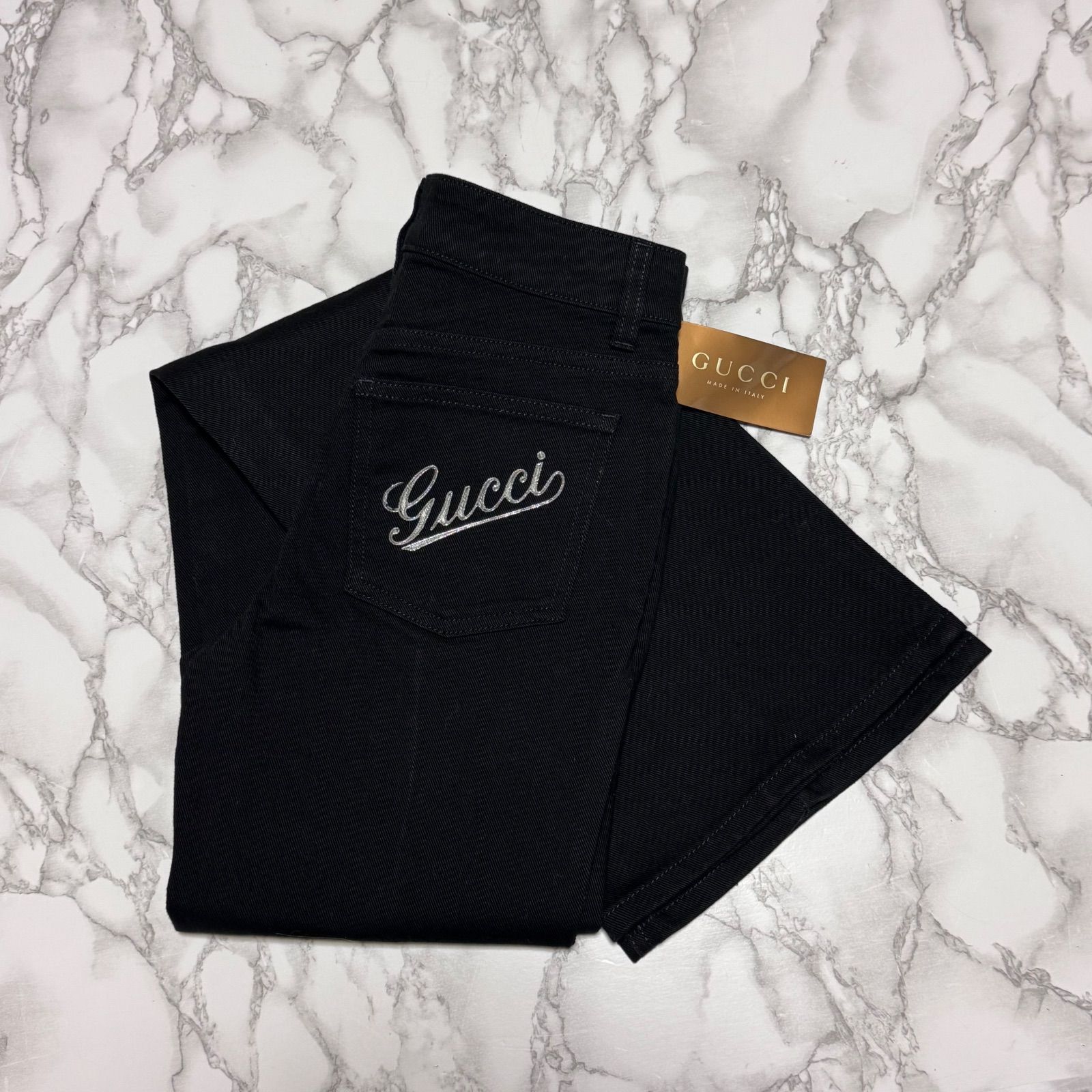希少【GUCCI グッチ 【商品名】y2k 00's archive /グリッド ロゴ/ブラック デニム パンツ/フレアパンツ ブーツカット