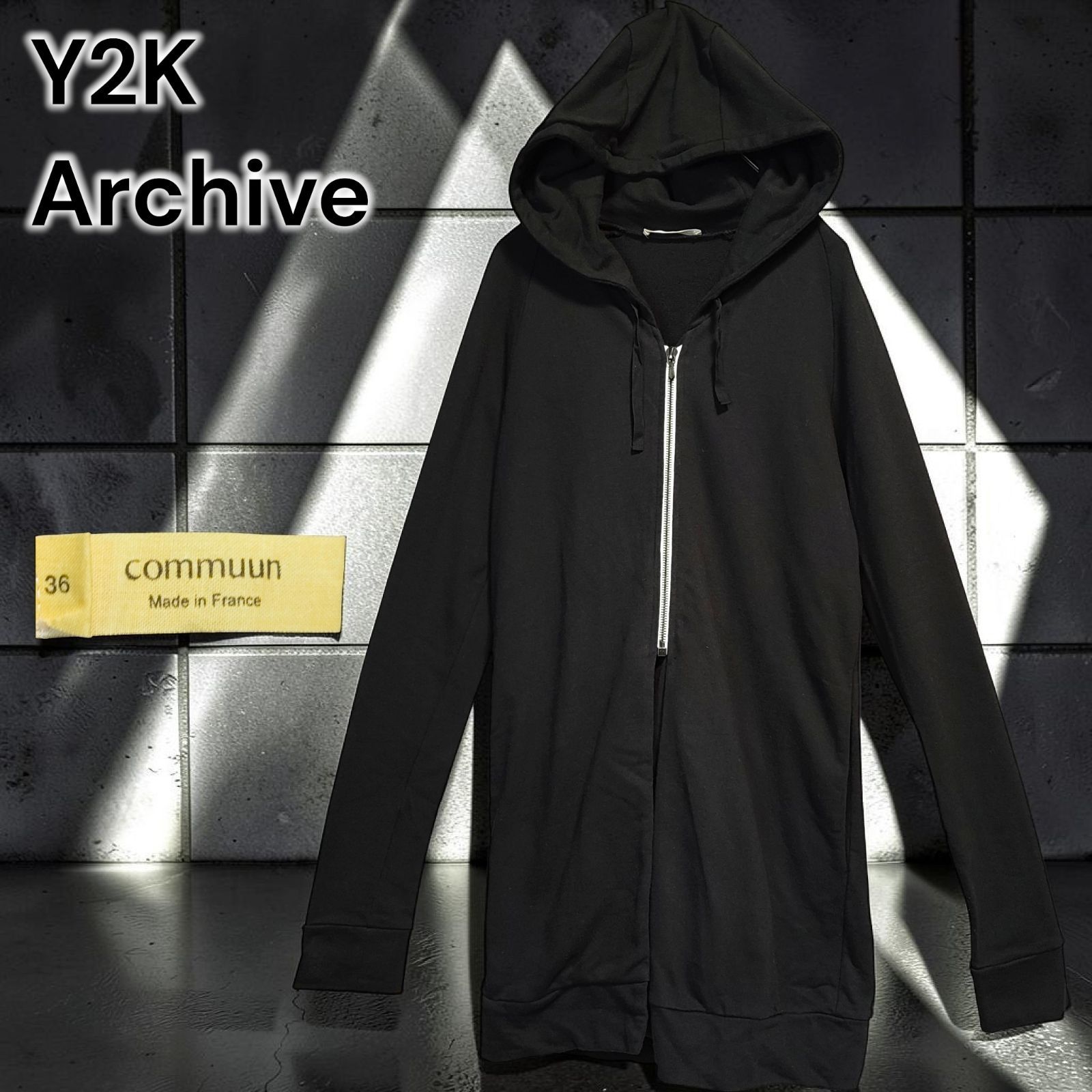 00s commuun Y2K Archive France riri ZIP フランス製 コミューン アルチザン 極細 ロング丈 スウェット ジップ パーカー 黒 変形 ハイネック 細身 タイト バーニーズ 初期 モード ラング オウエンス Sサイズ相当 10,764円
