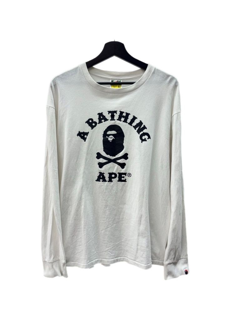 アベイシングエイプ A BATHING APE コットン ボーン ロゴ ロングスリーブ Tシャツ 長袖 カットソー クルーネック 骨 BONE WHITE 白 004LTF701007X ロンT プリント ホワイト XLサイズ 104MT-3300