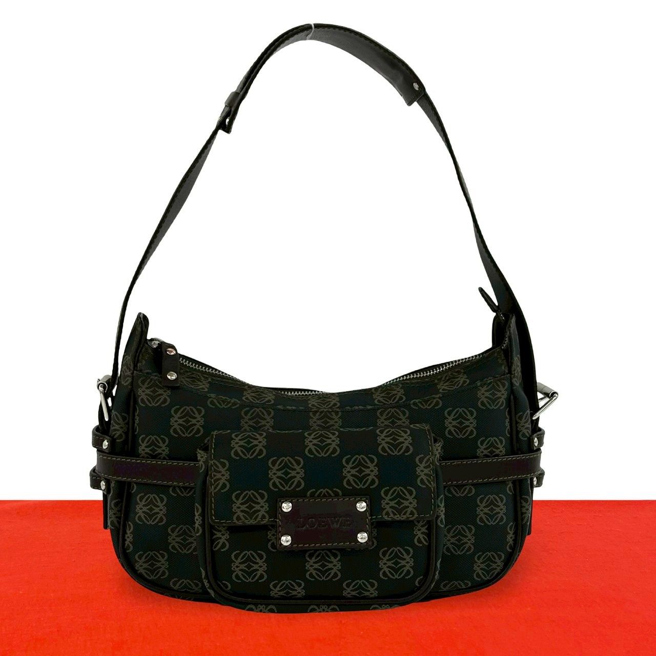極 美品 LOEWE ロエベ アナグラム ロゴ 総柄 レザー 本革 セミショルダーバッグ ワンショルダーバッグ ハンドバッグ ブラウン 61654