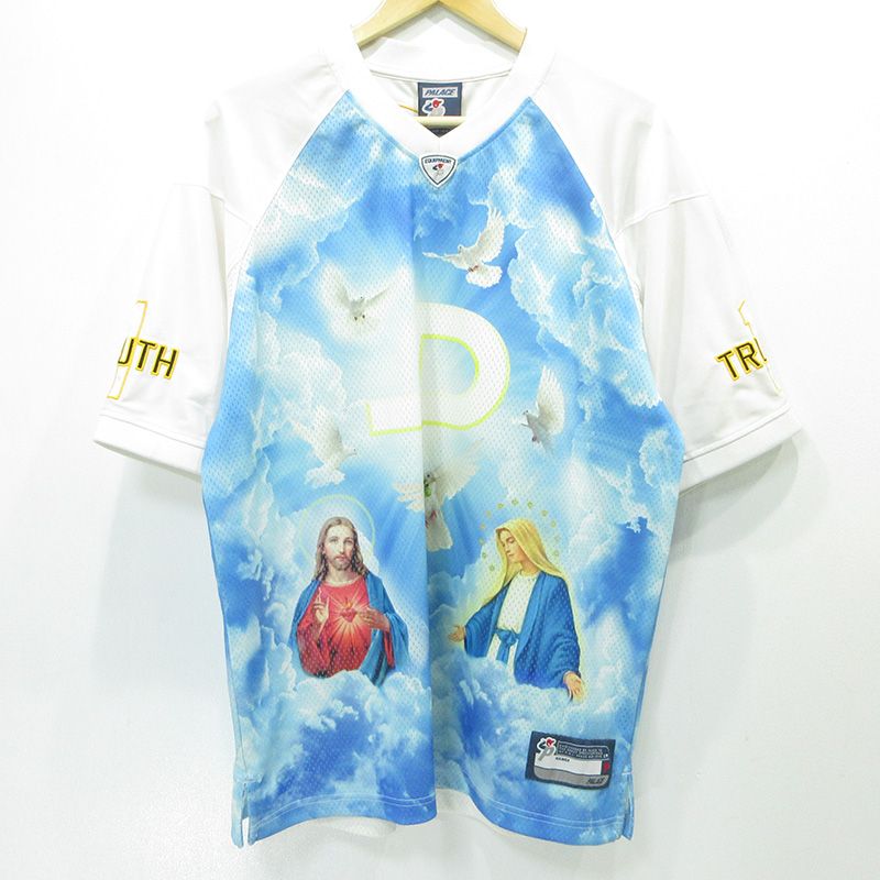 【三重本店】 中古 PALACE SKATEBOARDS | パレススケートボード 1 TRUTH JERSEY 1トゥルースジャージ ロゴ刺繍ゲームシャツ プリントメッシュ半袖Tシャツ ホワイト×ブルー サイズ：M 【103】