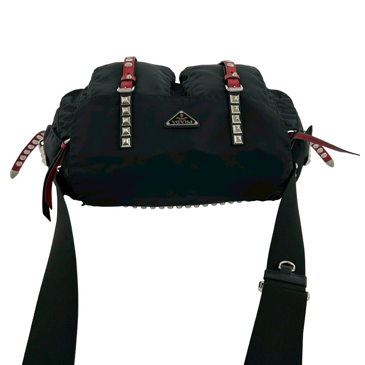 極 美品 PRADA プラダ 三角 ロゴ プレート 金具 スタッズ テスート 