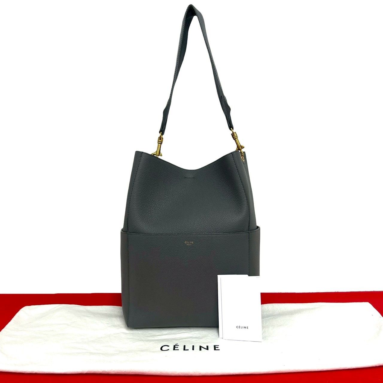 極 美品 保存袋付き CELINE セリーヌ サングル バケット ロゴ レザー 本革 セミ ワン ショルダーバッグ トートバッグ グレー 82592