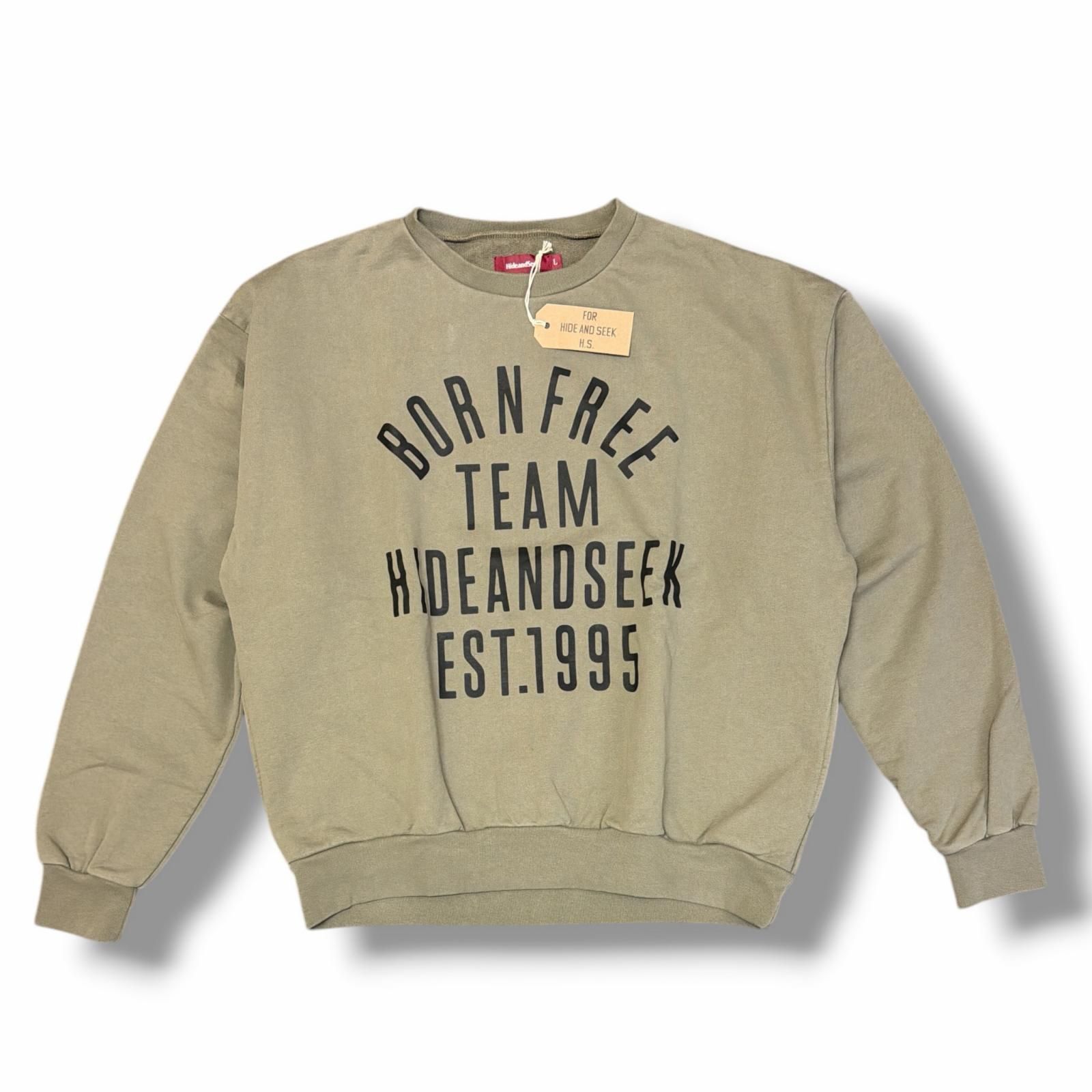 参考上代23100円 未使用 HideandSeek College Sweat Shirt ルーズフィット クルーネックスウェット ハイドアンドシーク HC-110625 カーキ L （18281M）