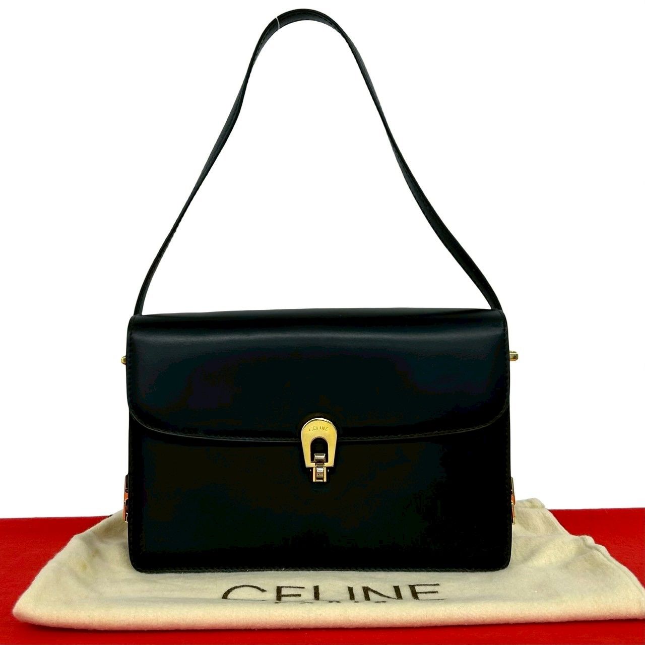 極 美品 希少品 保存袋付き CELINE セリーヌ ロゴ 金具 刻印 レザー 本革 セミ ワン ショルダーバッグ ハンドバッグ ブラック 黒 63401