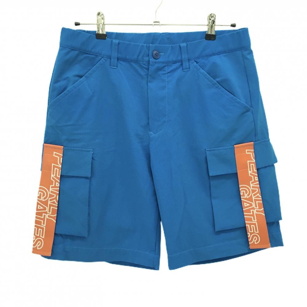 【美品】パーリーゲイツ カーゴハーフパンツ ブルー×レッドオレンジ系 織生地 ストレッチ メンズ 5(L) ゴルフウェア PEARLY GATES