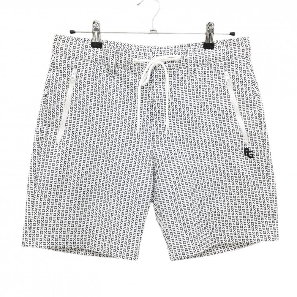 【美品】パーリーゲイツ ハーフパンツ 白×ネイビー ロゴ総柄 ウエスト調節紐付 メンズ 5(L) ゴルフウェア PEARLY GATES