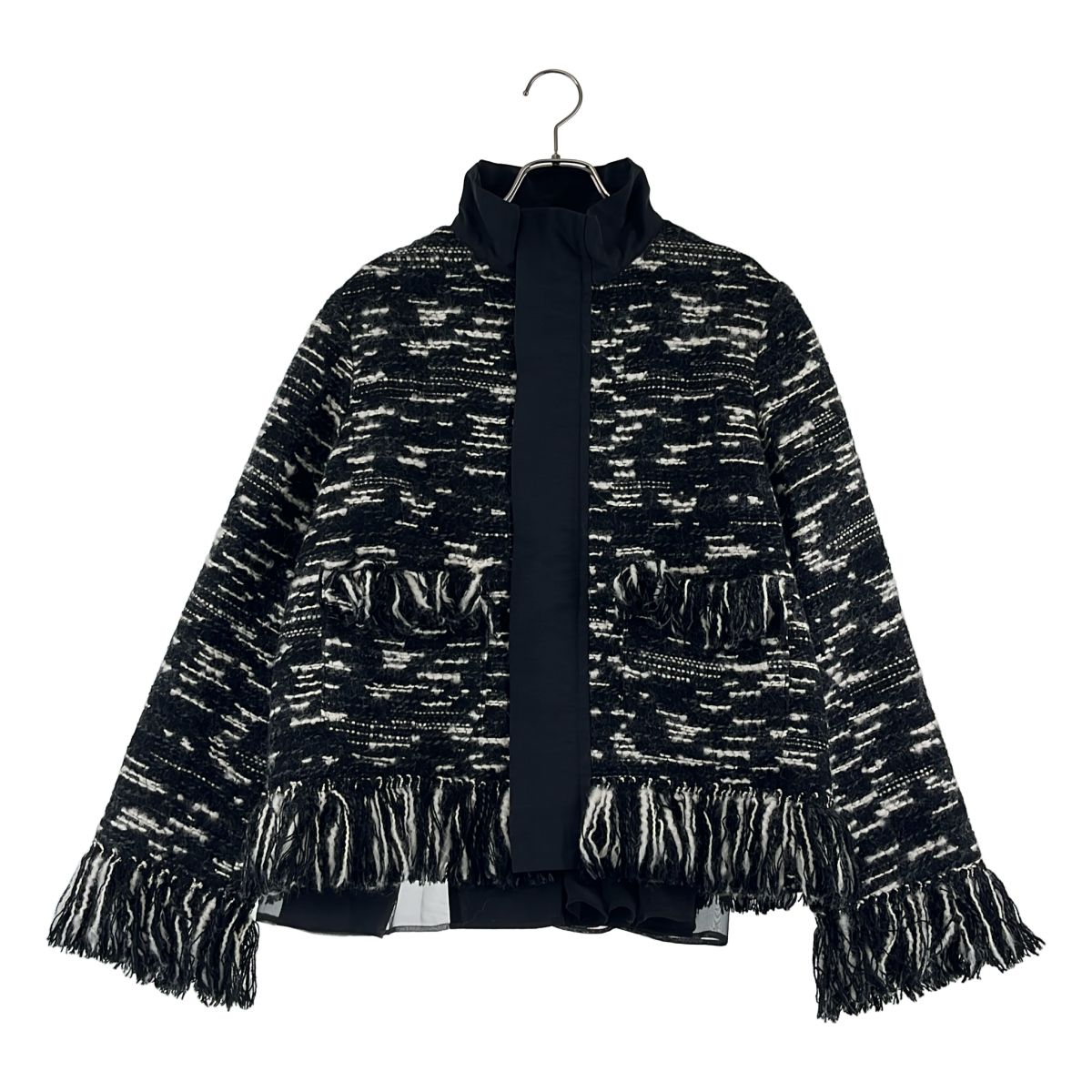 sacai / サカイ | Tweed × Grosgrain Blouson 異素材 フリンジ ツイードジャケット | 2 | ブラック/ホワイト | レディース