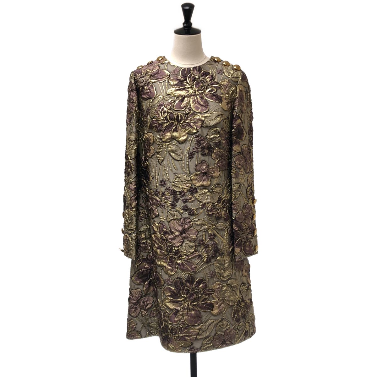 DOLCE＆GABBANA / ドルチェ＆ガッバーナドルガバ | シルク混 ジャガード 金ボタン プルオーバーワンピース | 40 | グレー系/パープル | レディース