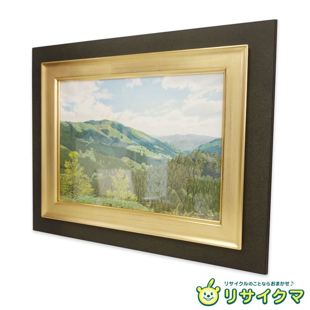 【中古】【真作】M▽本松進一 新緑風景 花背峠 8号 サインあり 保証書付 油彩 絵画 額装 額縁 (40088)