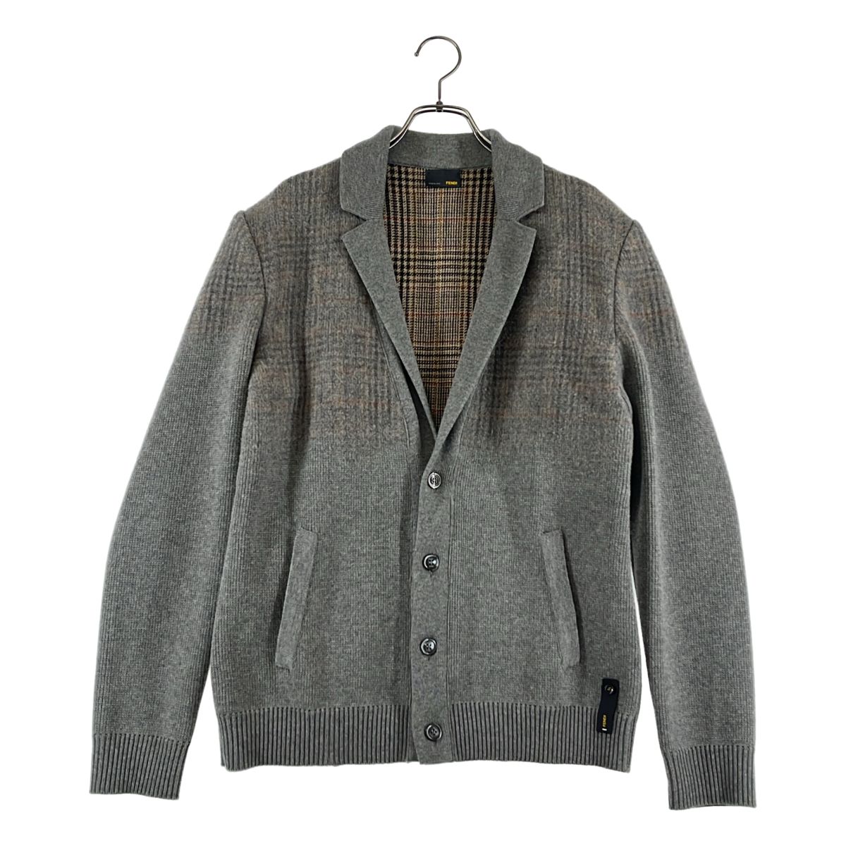 【美品】 FENDI / フェンディ | ウール チェック 切替 ニット テーラードジャケット | 48 | グレー | メンズ