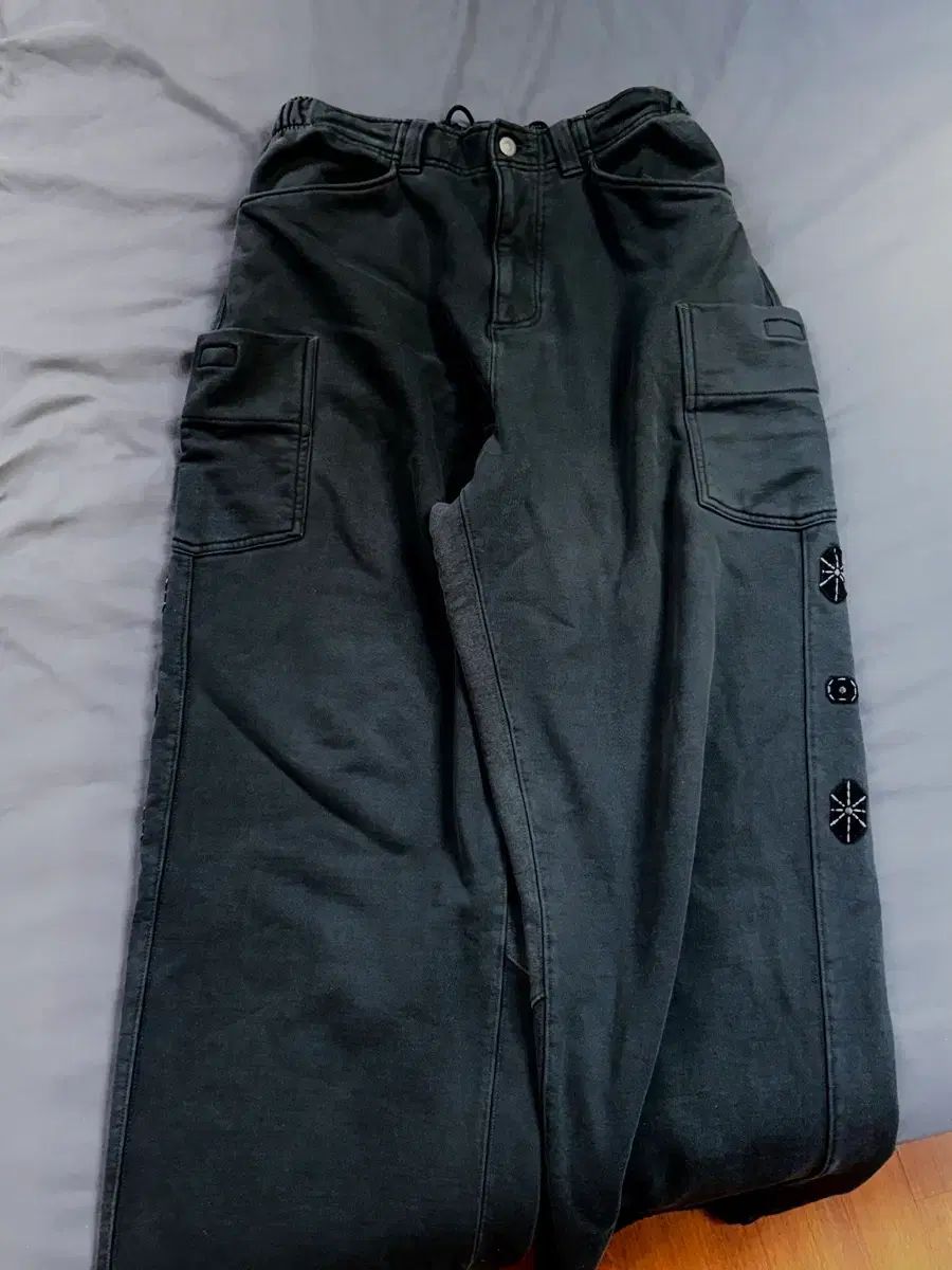 2 ポリテ루 サイドカーゴ スウェットパンツ ウォッシュドグリーン