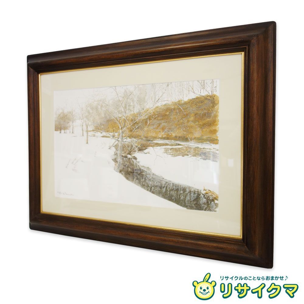 【中古】【真作】M▽鶴田憲次 The Ground '88 雪のある林 サインあり 水彩 アクリル 絵画 額装 額縁 (40089)