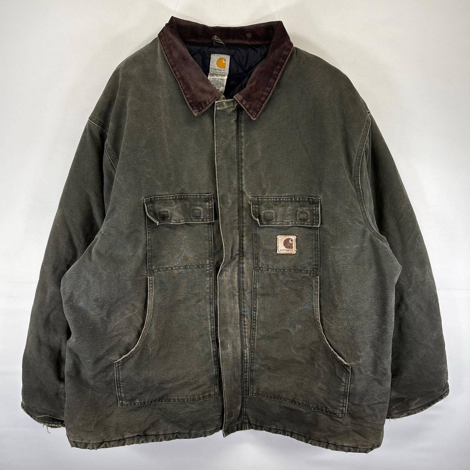 古着 カーハート Carhartt ダック ジャケット ワーク 作業着 中綿 ワンポイント フルジップ 4XL TALL グリーン系 メンズ