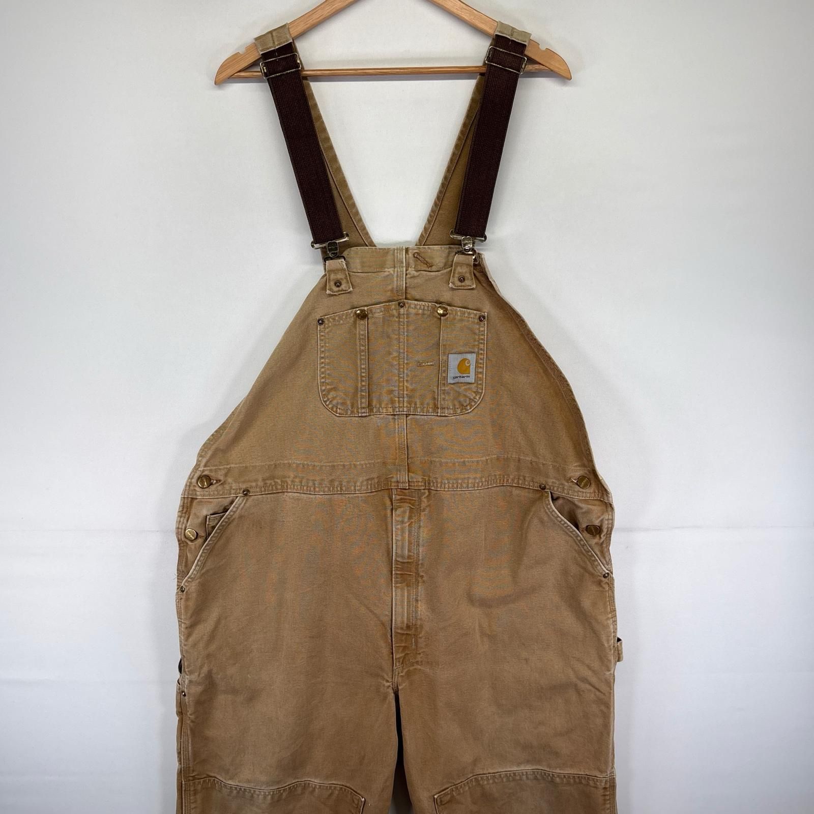 古着 カーハート Carhartt ダック オーバーオール 作業着 ワーク ハンマーループ ダブルニー ジップ ベージュ系 メンズ
