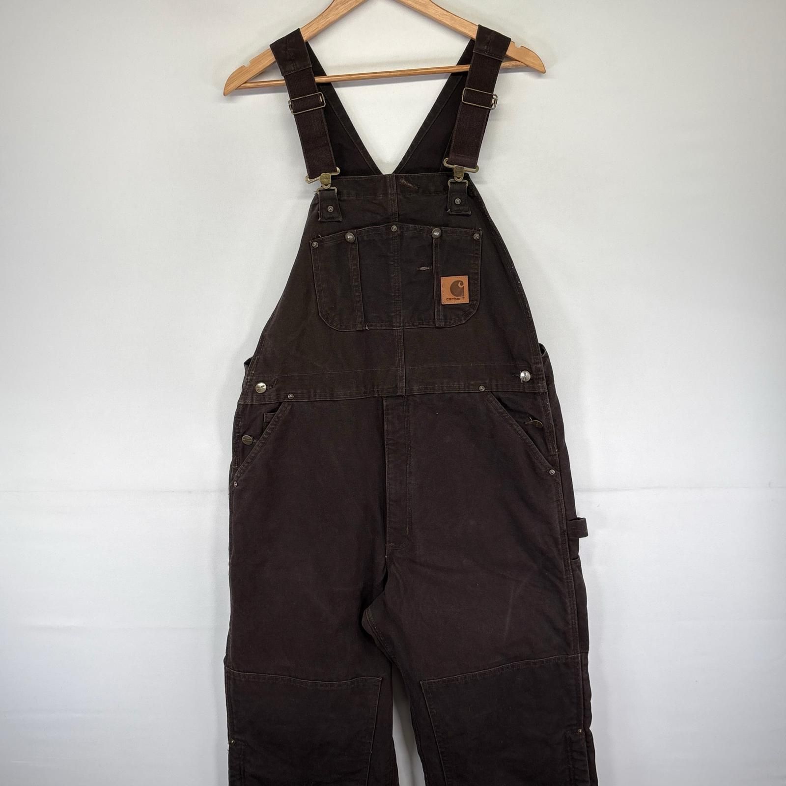 古着 カーハート Carhartt ダック オーバーオール ハンマーループ 中綿 ダブルニー ワンポイントロゴ 38x32 ブラウン系 メンズ