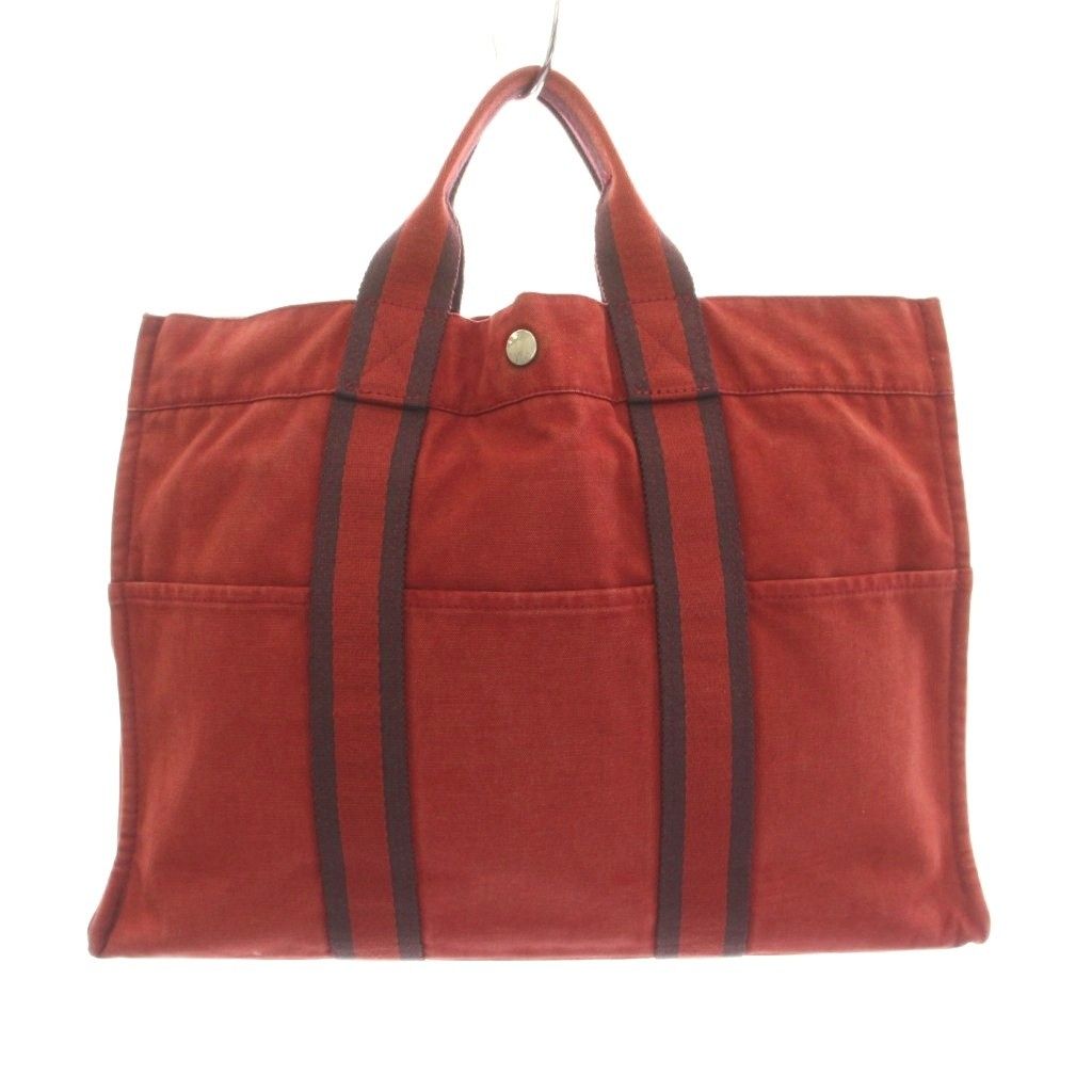 エルメス HERMES エールラインMM トートバッグ キャンバス 赤 ボルドー
