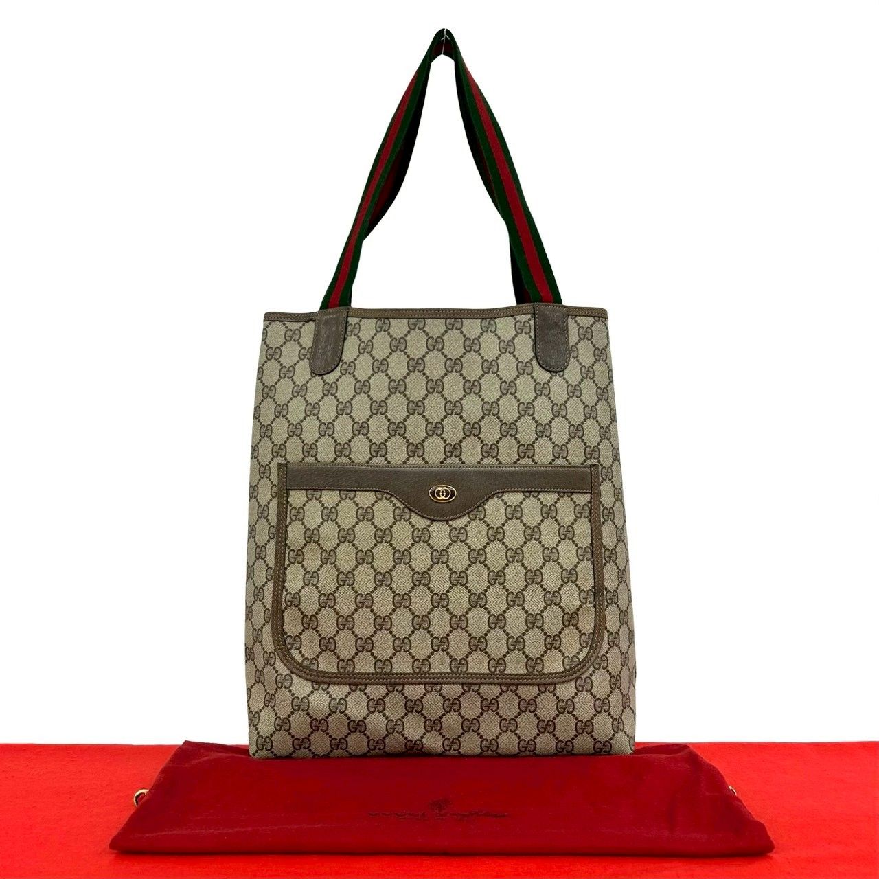 極 美品 袋付 GUCCI グッチ オールドグッチ ヴィンテージ シェリーライン GG ロゴ 金具 レザー トートバッグ ハンドバッグ ブラウン 41500