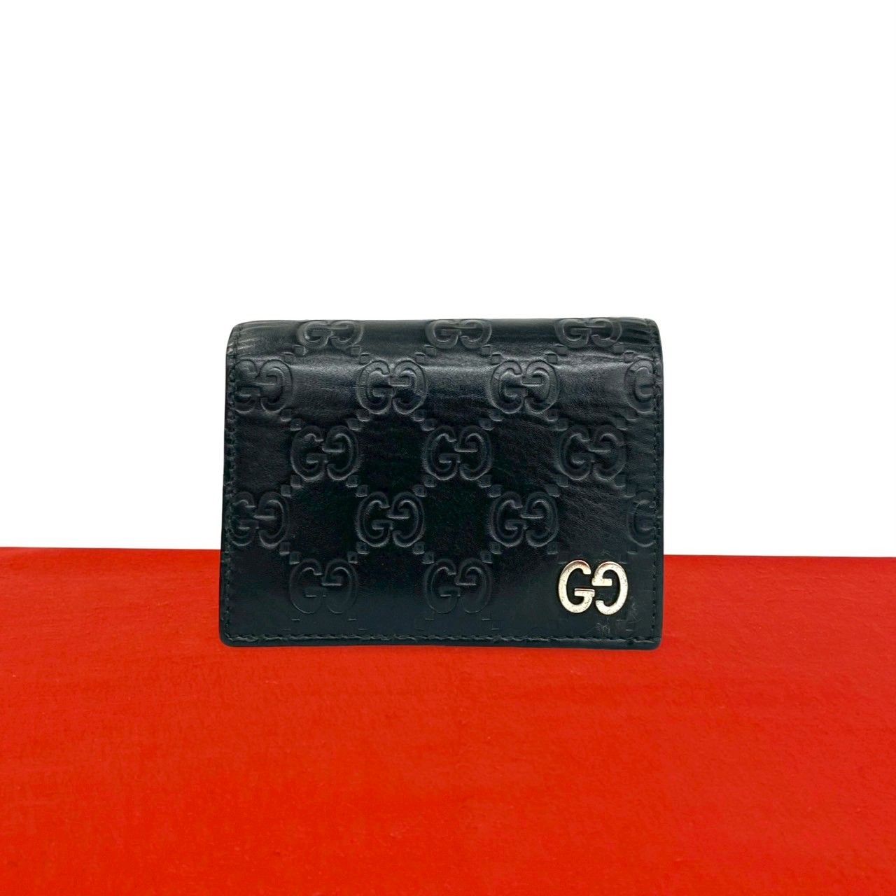 ほぼ未使用 箱 袋付き GUCCI グッチ GG ロゴ 金具 グッチシマ レザー 本革 二つ折り 財布 ミニ ウォレット カードケース ブラック 22954