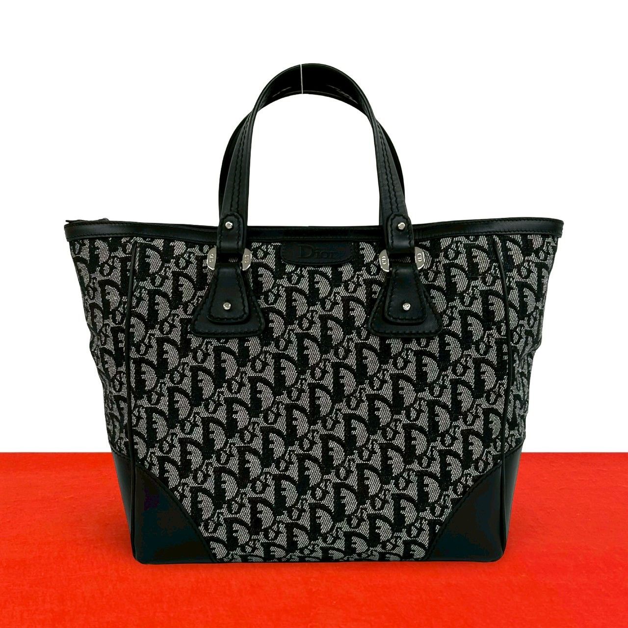 極 美品 Christian Dior クリスチャンディオール トロッター 柄 キャンバス レザー 本革 トートバッグ ハンドバッグ ブラック 47273