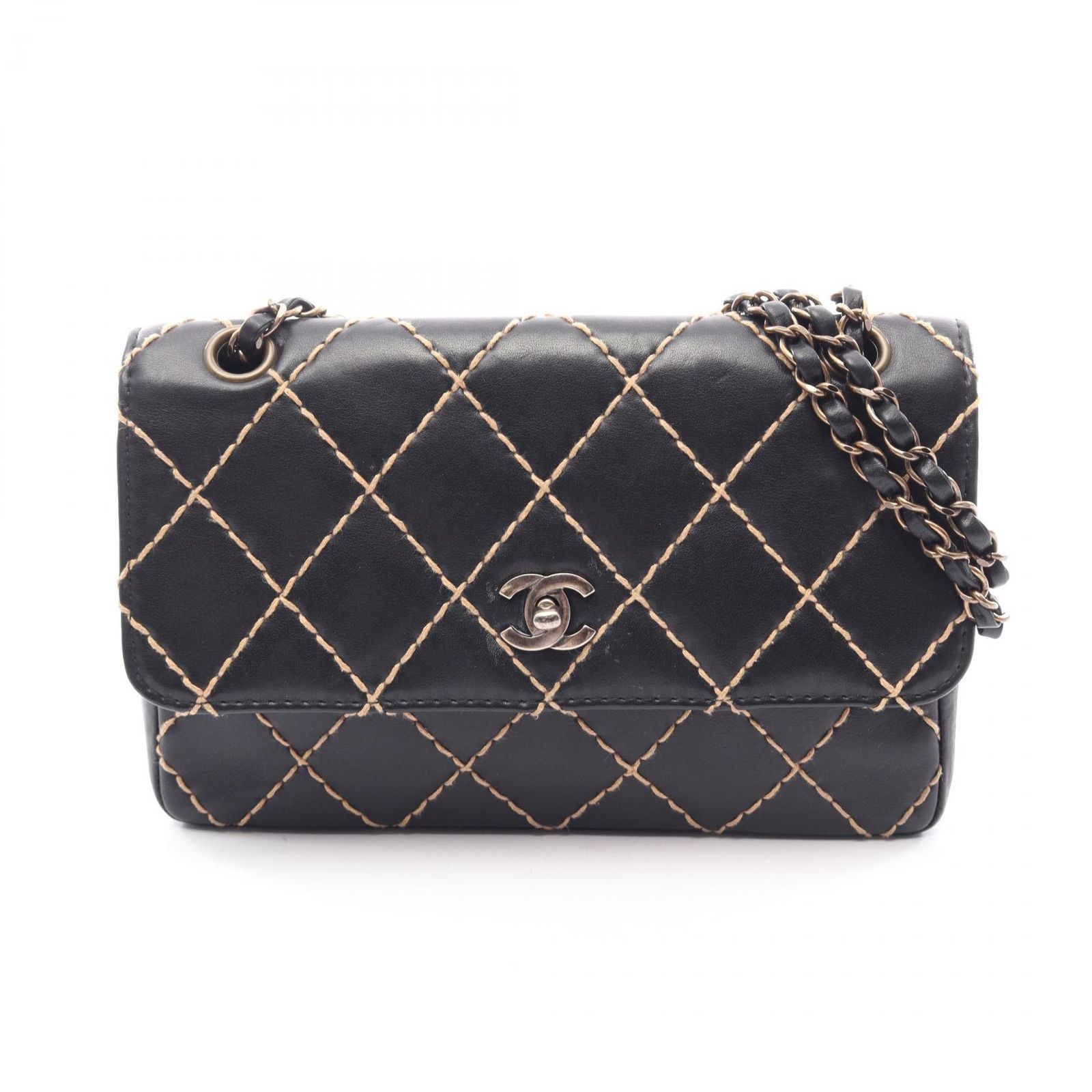 シャネル CHANEL ショルダーバッグ ワイルドステッチ ブラック レザー ワイルドステッチ チェーンショルダー レディース Used A
