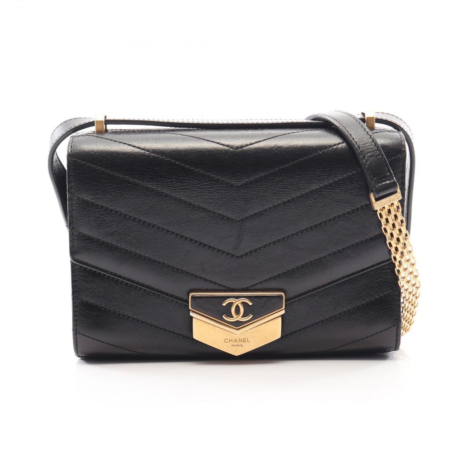 シャネル CHANEL ショルダーバッグ シェブロン Vステッチ メダル ブラック レザー シェブロン Vステッチ チェーンショルダー レディース Used A