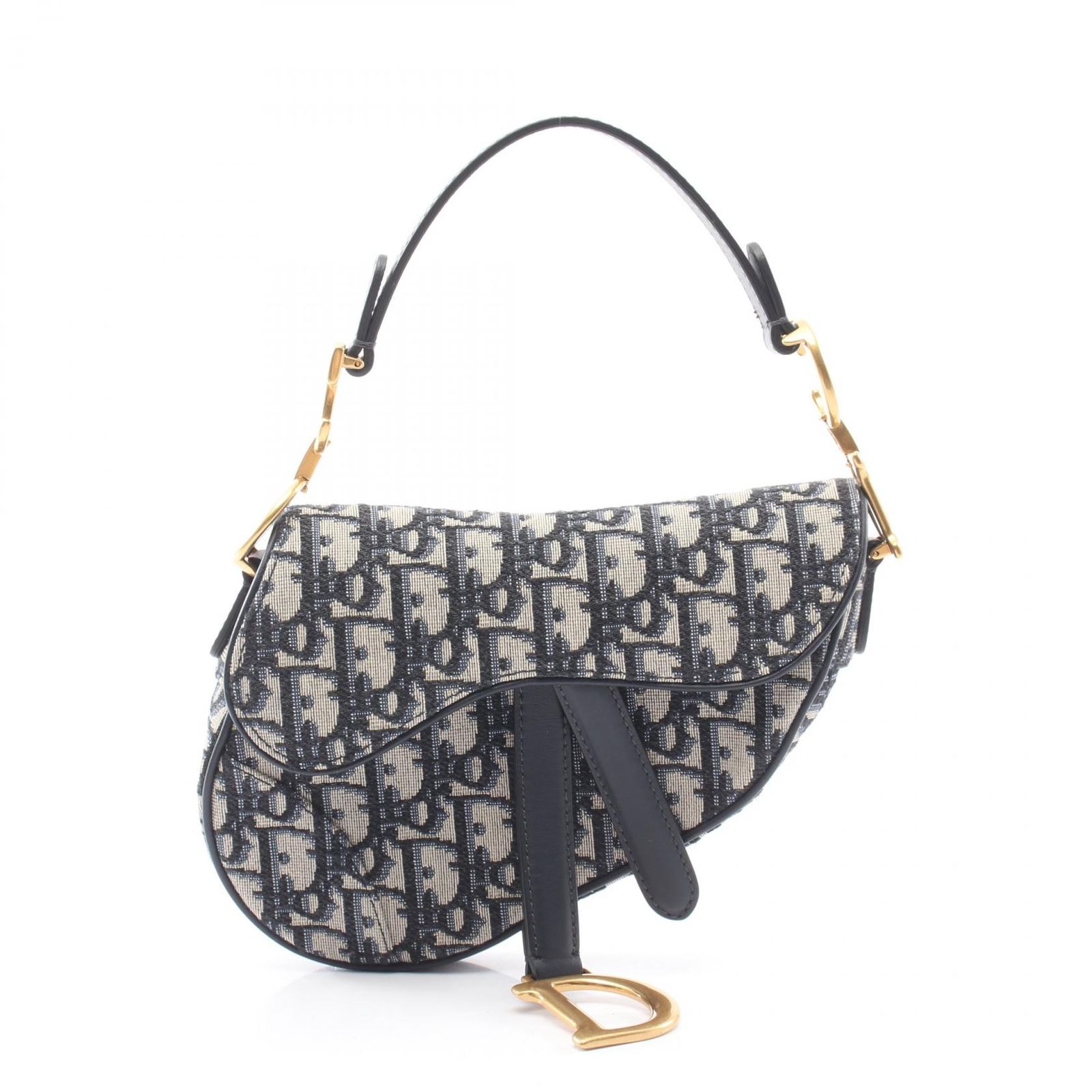 ディオール Dior ハンドバッグ サドルバッグ ミニ オブリークジャカード ネイビー キャンバス レザー オブリーク サドルバッグ ミニ レディース Used A