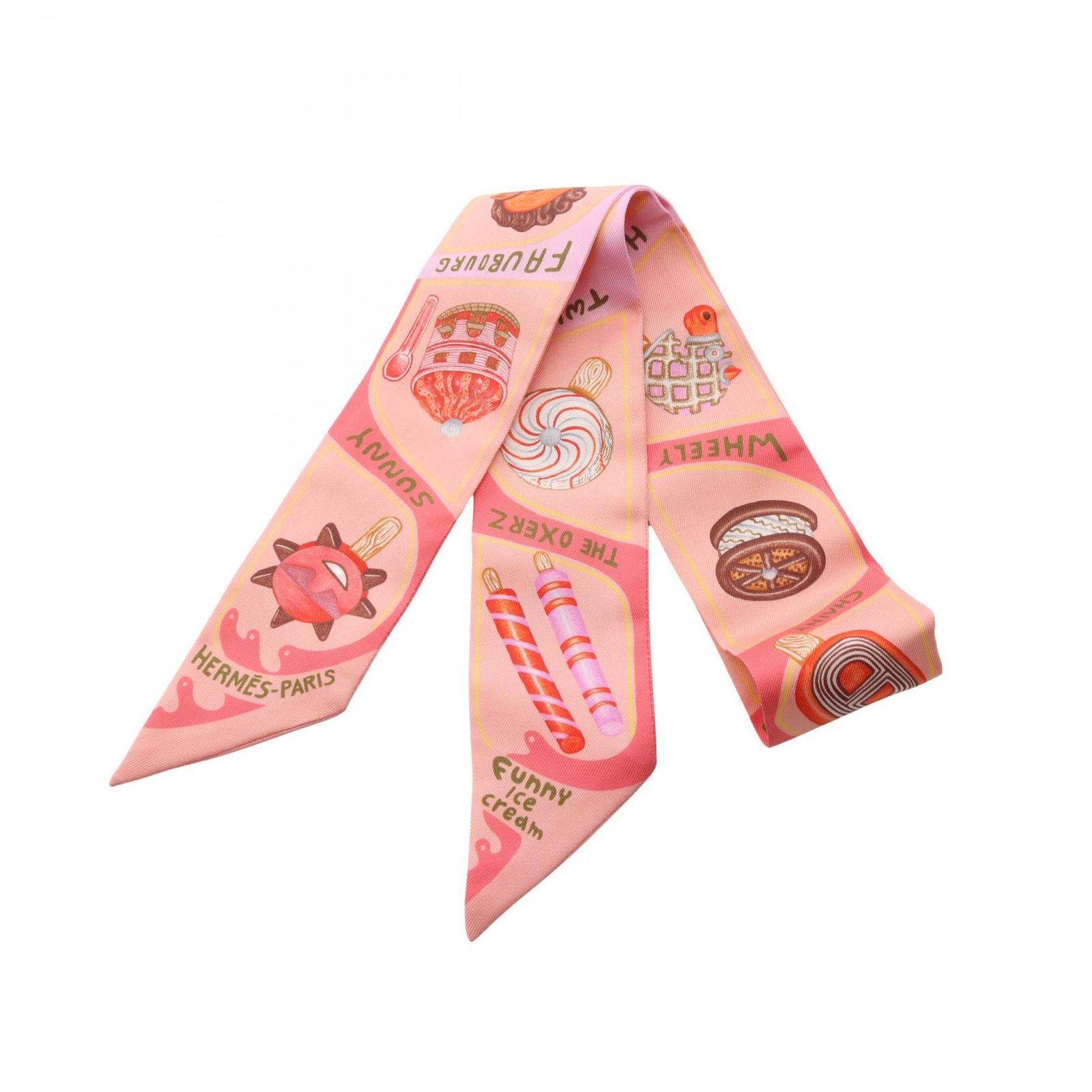 エルメス HERMES スカーフ ツイリー Funny Ice Cream リボン ピンク シルク トゥイリー レディース Used A